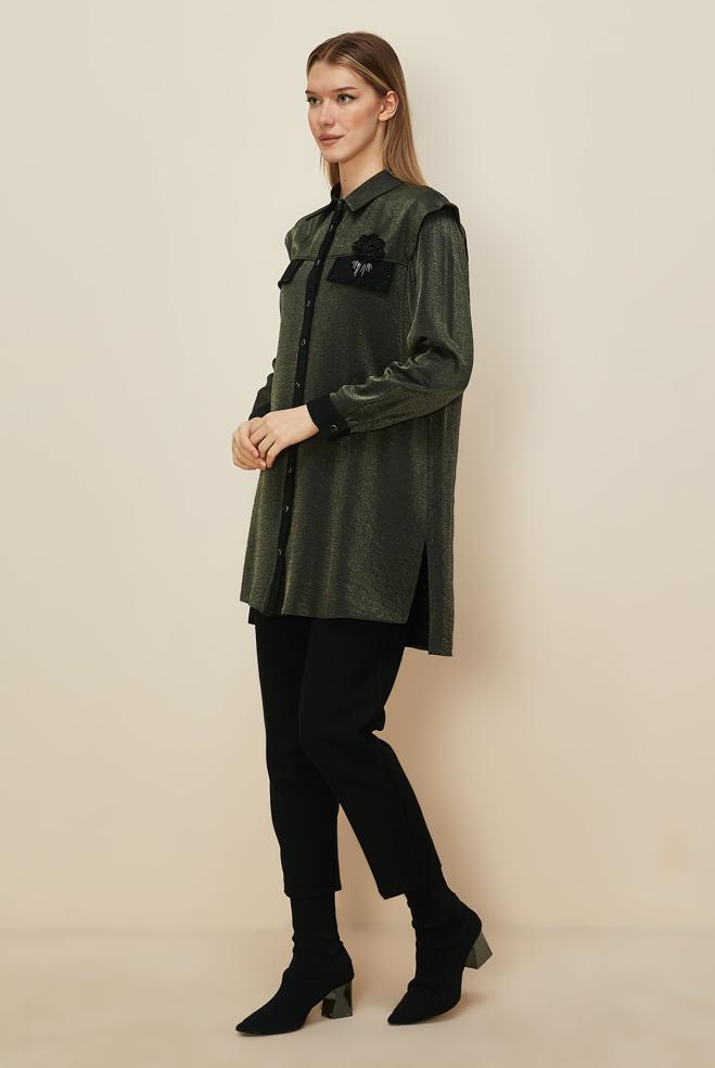 Hijab clothing KHAKI  BROOCH DETAILED SHIRT TUNIC 46166 - ALVİNA