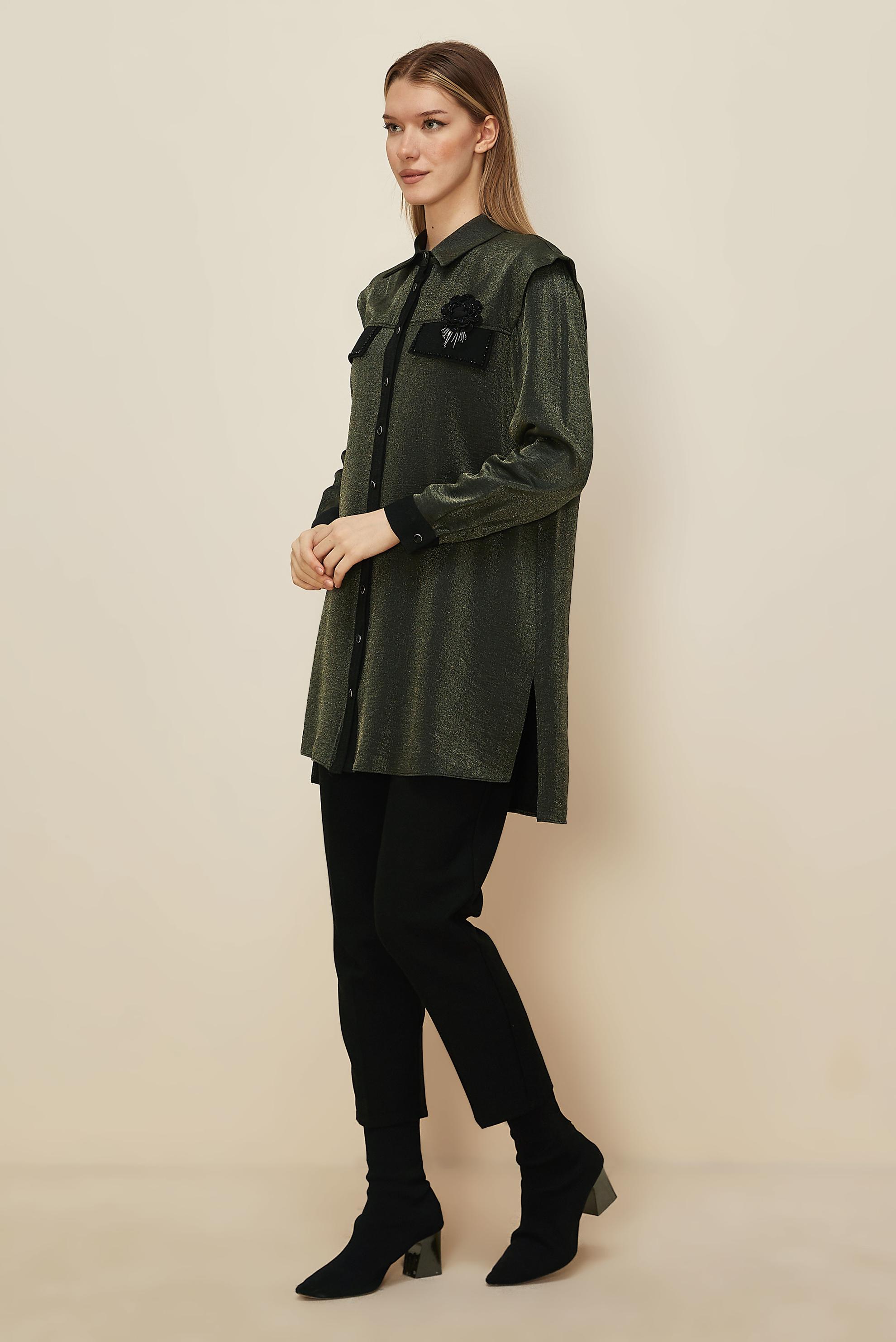 Hijab clothing KHAKI  BROOCH DETAILED SHIRT TUNIC 46166