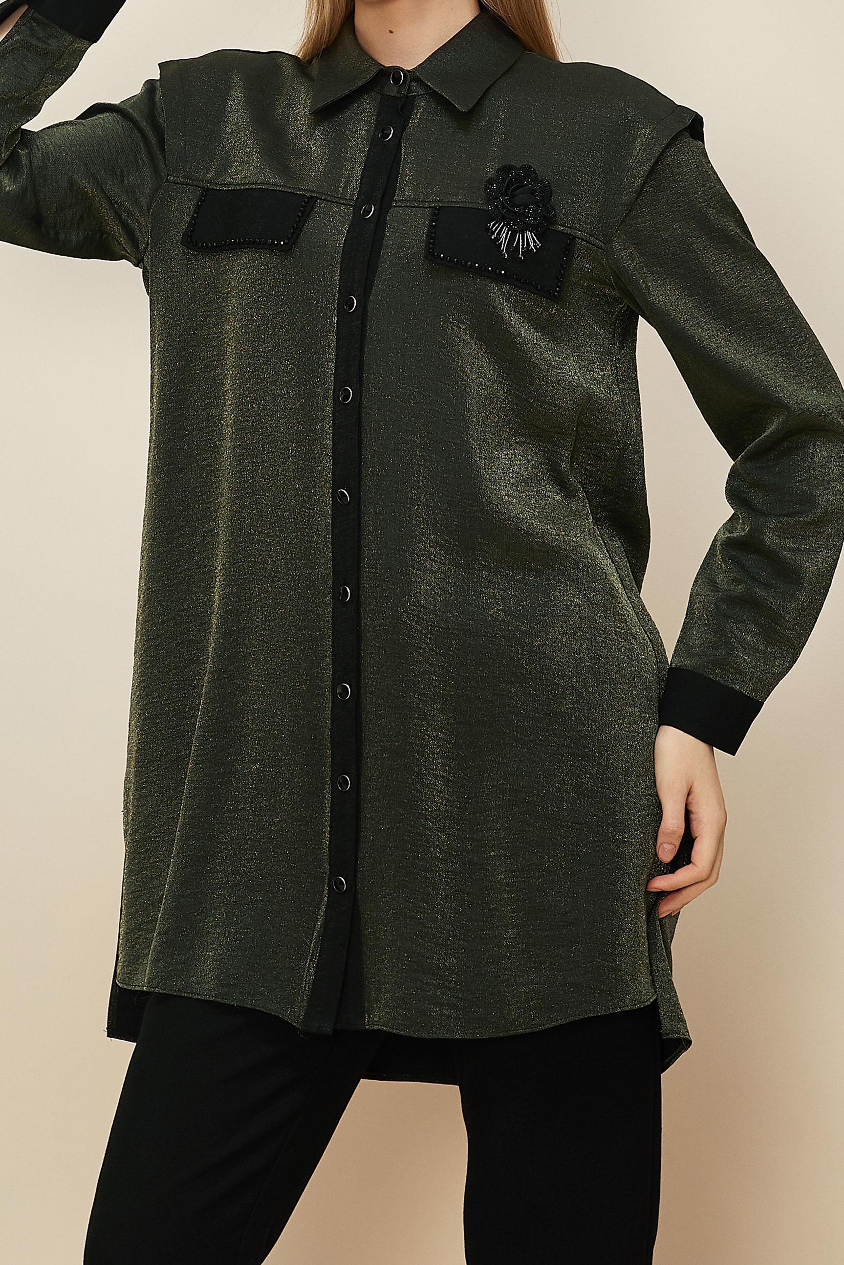 Hijab clothing KHAKI  BROOCH DETAILED SHIRT TUNIC 46166