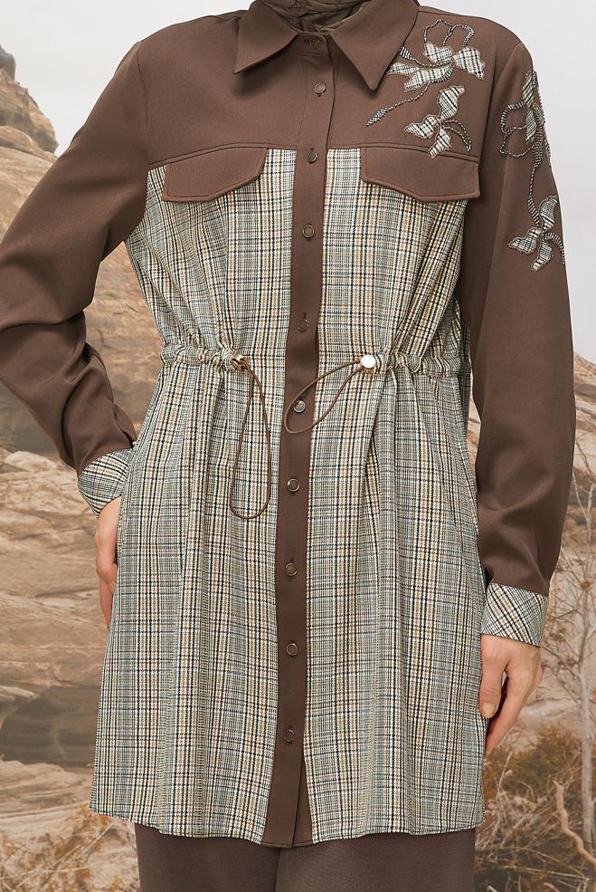 Tesettür giyim YEŞİL BELİ BÜZGÜLÜ EKOSE TUNİK 46176 - ALVİNA