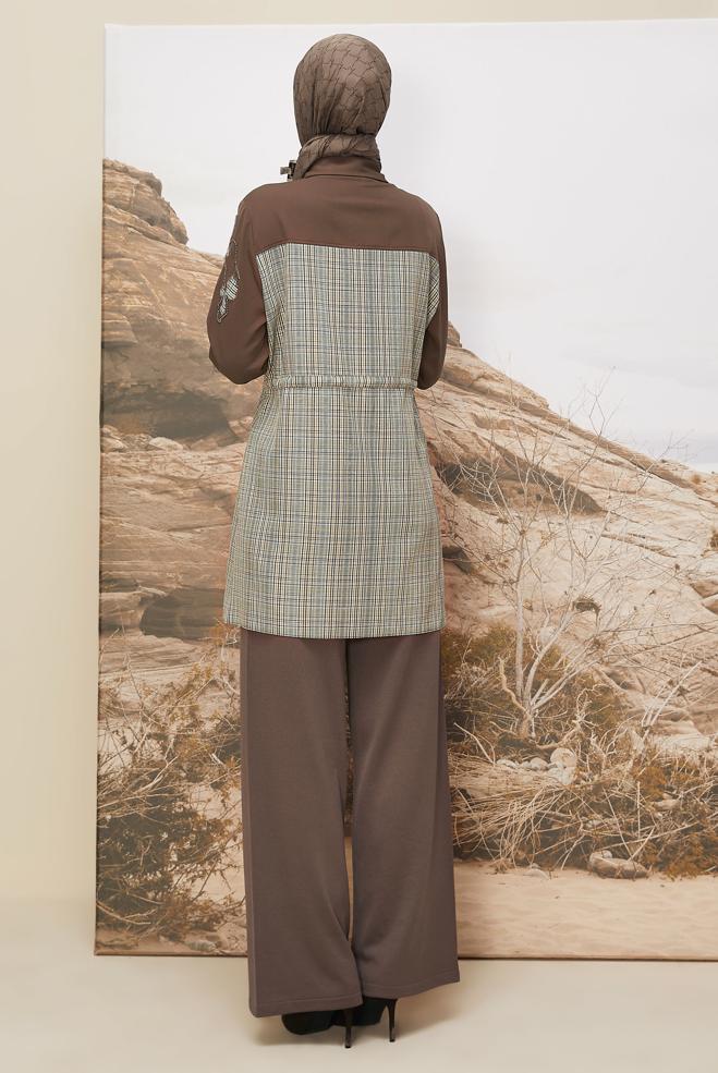 Tesettür giyim YEŞİL BELİ BÜZGÜLÜ EKOSE TUNİK 46176 - ALVİNA