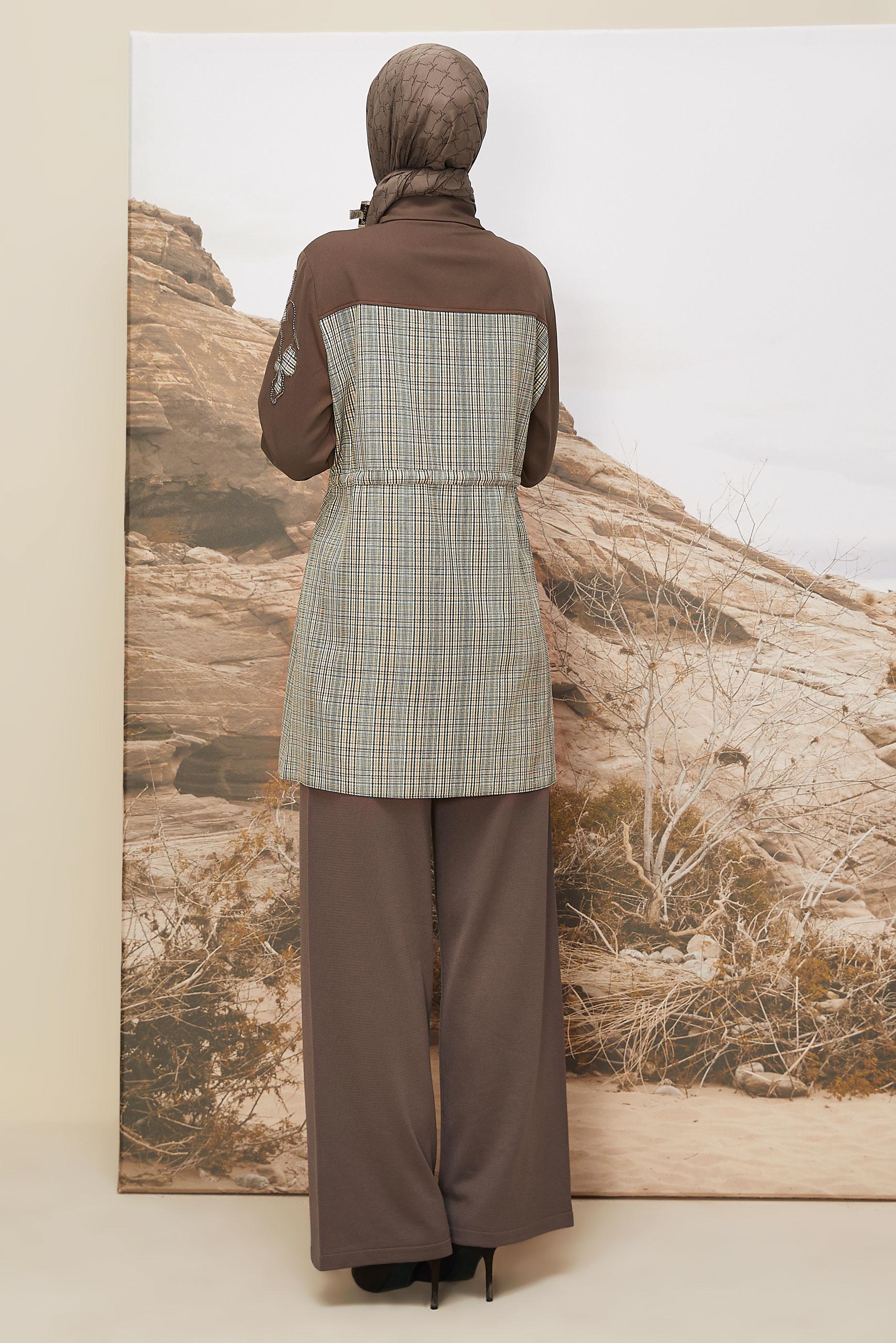 Tesettür giyim YEŞİL BELİ BÜZGÜLÜ EKOSE TUNİK 46176