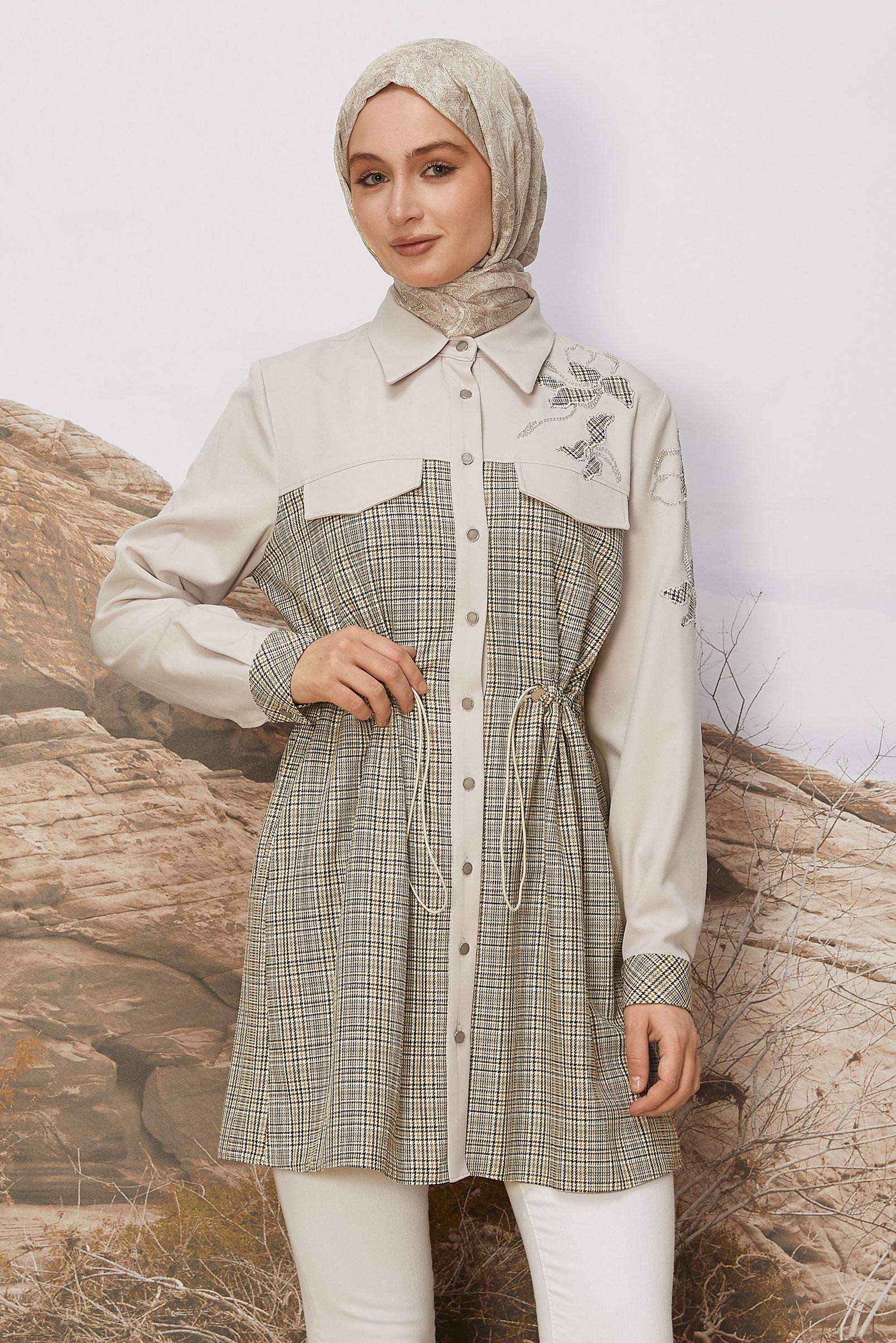 Tesettür giyim SARI BELİ BÜZGÜLÜ EKOSE TUNİK 46176