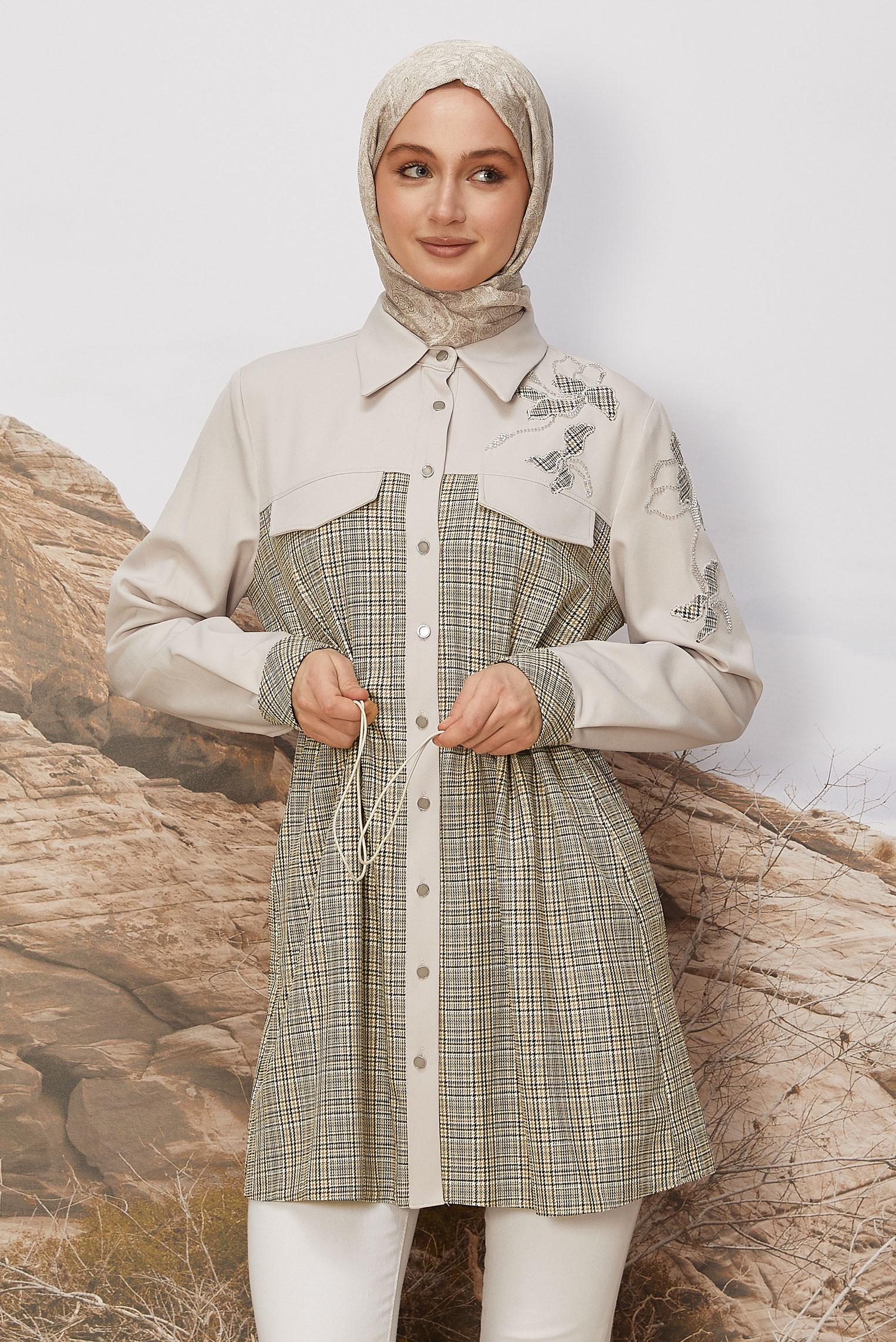 Tesettür giyim SARI BELİ BÜZGÜLÜ EKOSE TUNİK 46176