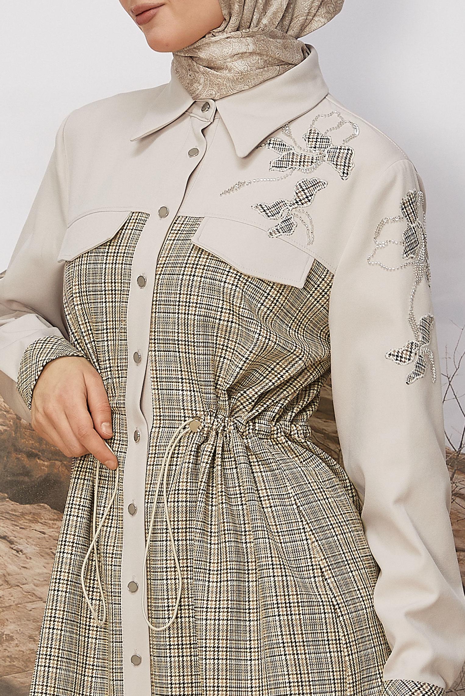 Tesettür giyim SARI BELİ BÜZGÜLÜ EKOSE TUNİK 46176