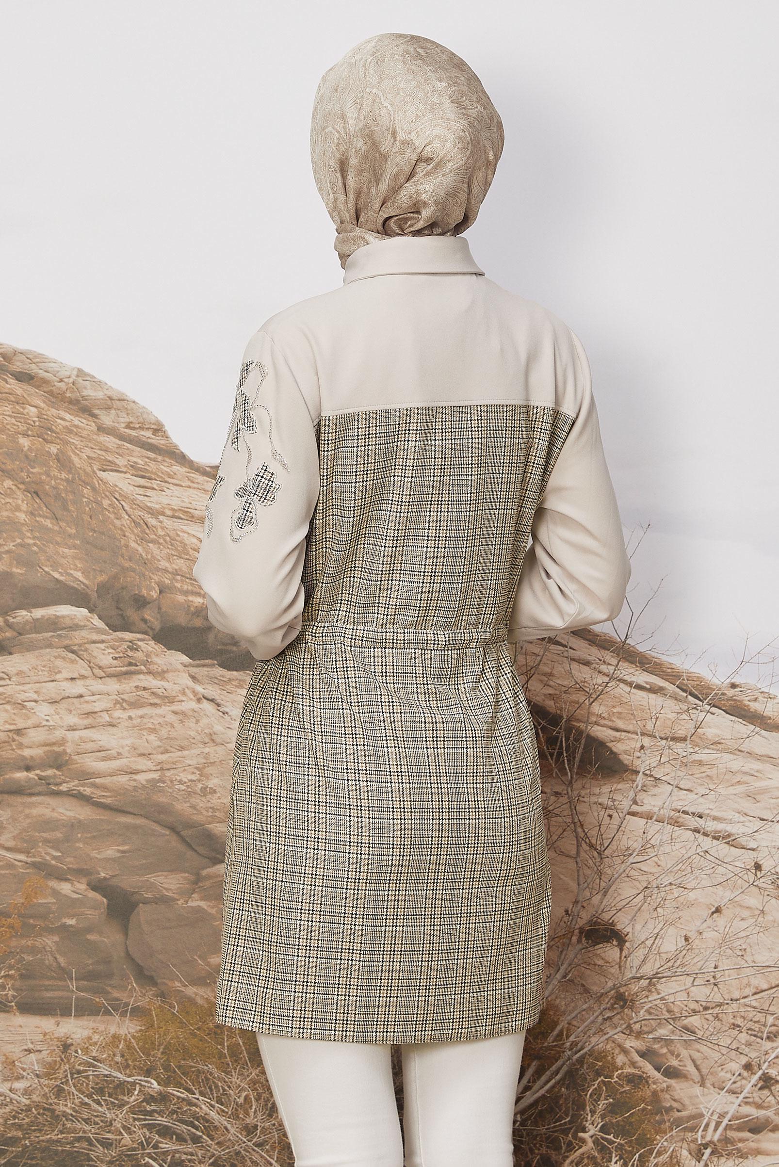 Tesettür giyim SARI BELİ BÜZGÜLÜ EKOSE TUNİK 46176