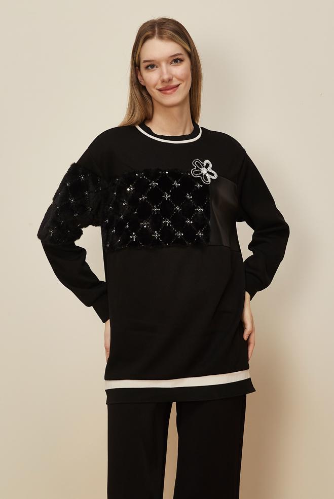 Hijab clothing BLACK FAUX-FUR DETAILED TUNIC 46181 - ALVİNA