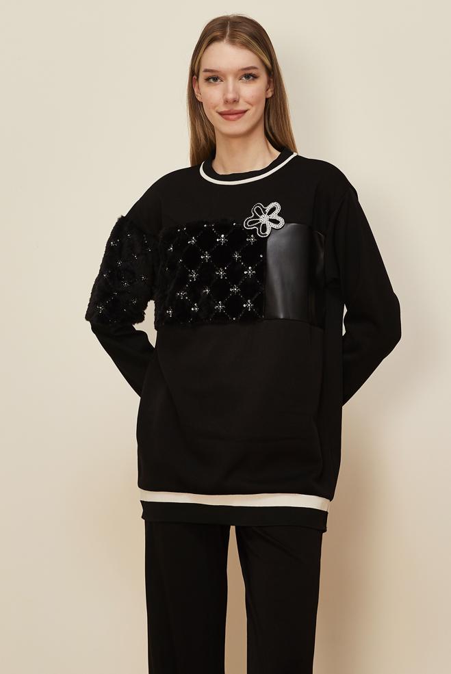 Hijab clothing BLACK FAUX-FUR DETAILED TUNIC 46181 - ALVİNA
