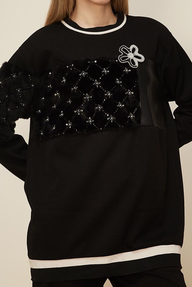 Hijab clothing BLACK FAUX-FUR DETAILED TUNIC 46181 - ALVİNA