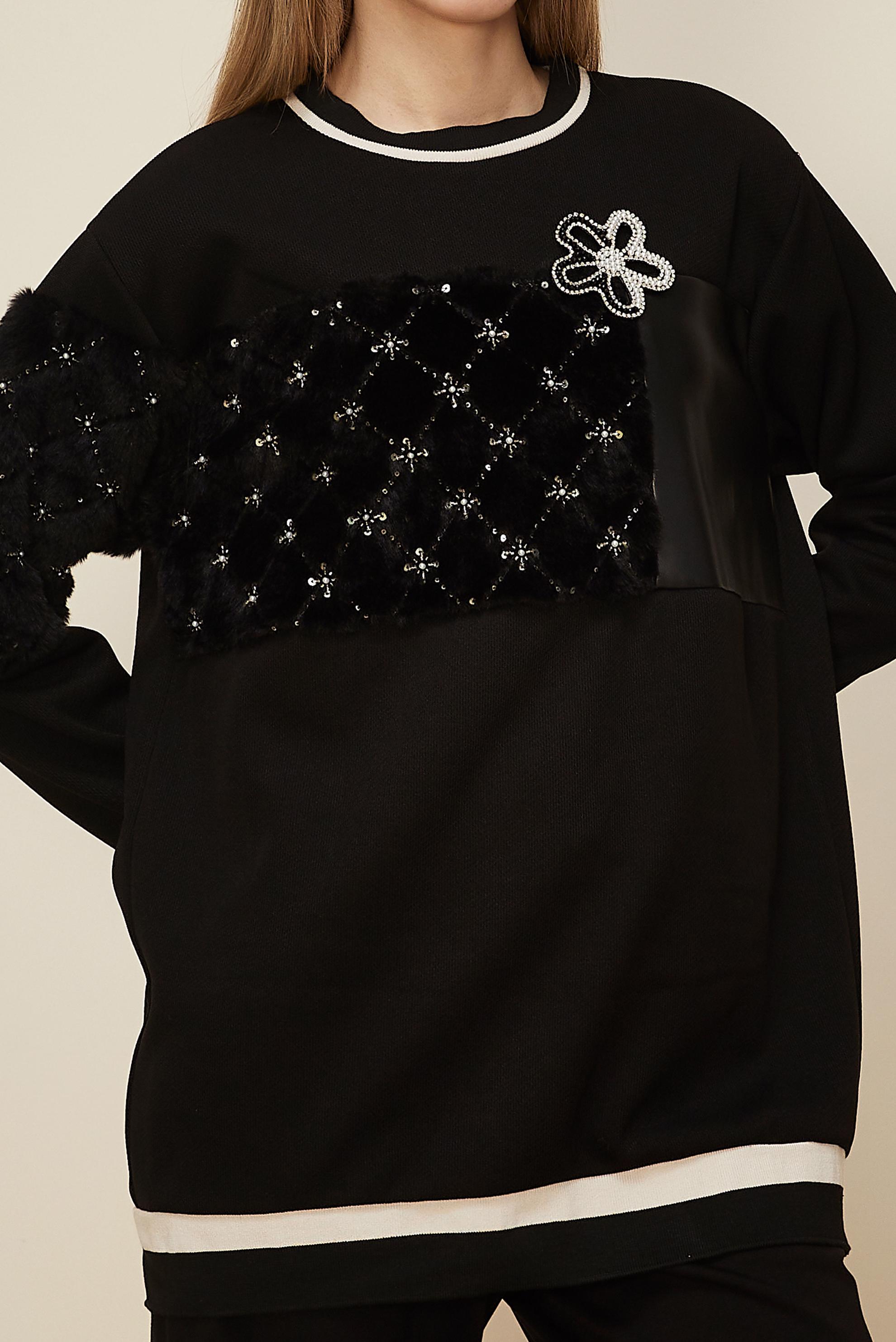 Hijab clothing BLACK FAUX-FUR DETAILED TUNIC 46181