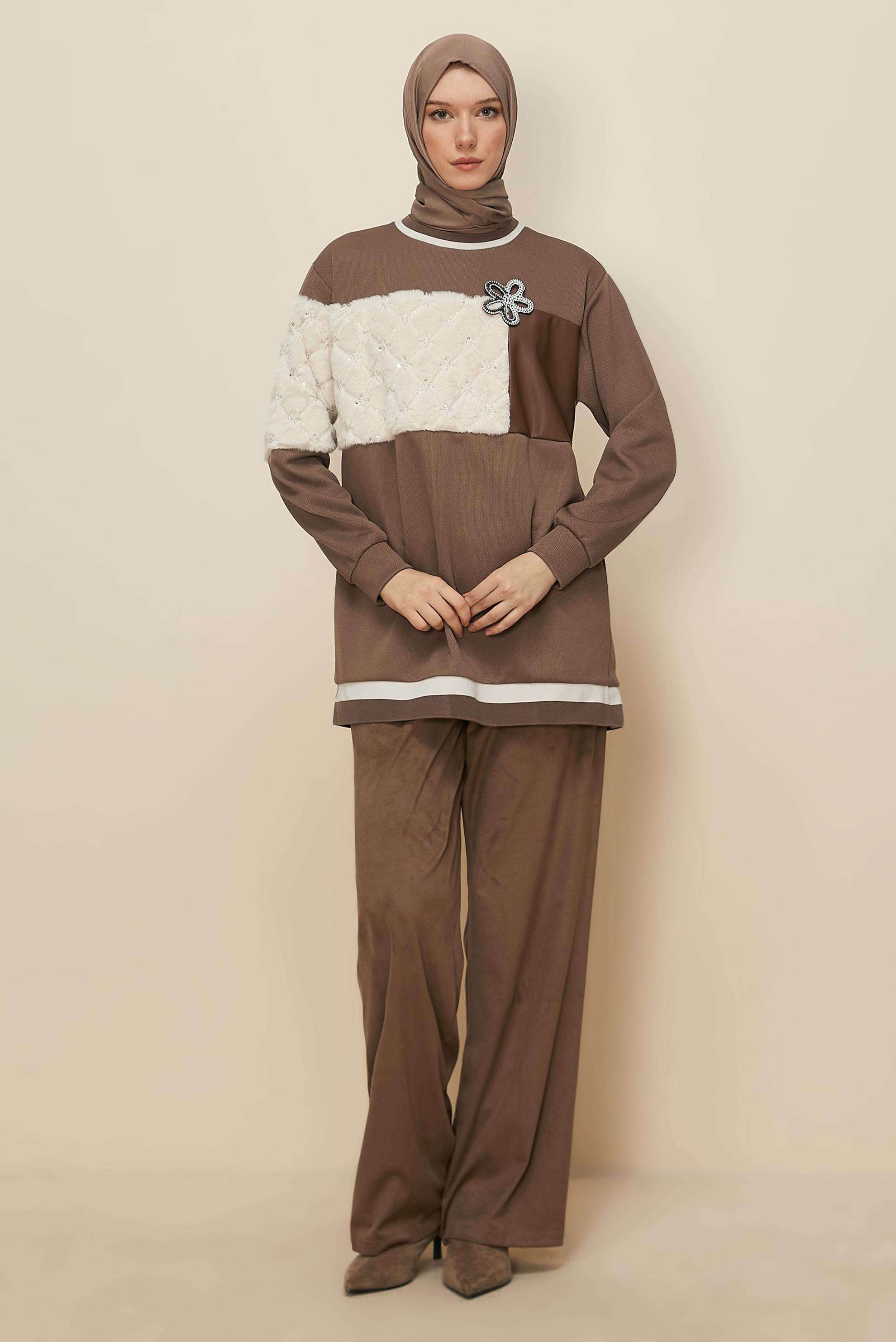 Hijab clothing BROWN FAUX-FUR DETAILED TUNIC 46181
