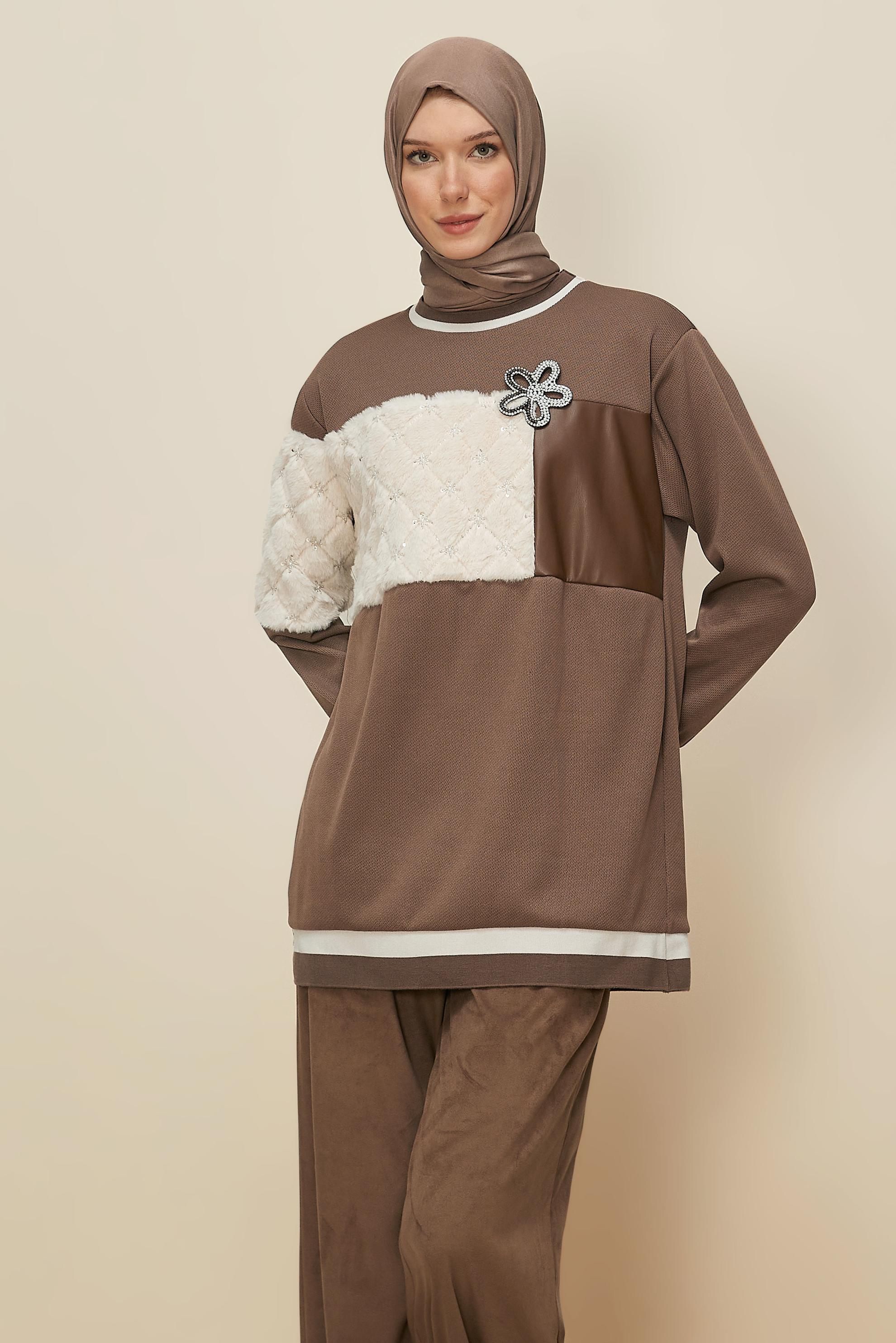 Hijab clothing BROWN FAUX-FUR DETAILED TUNIC 46181