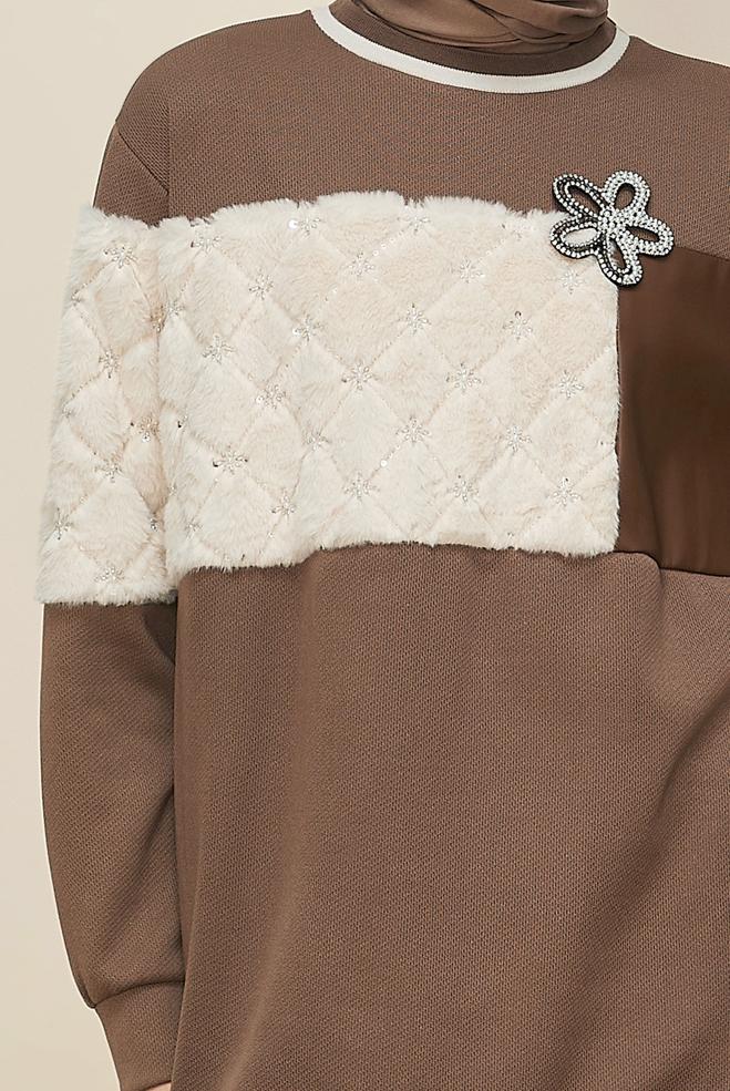 Hijab clothing BROWN FAUX-FUR DETAILED TUNIC 46181 - ALVİNA