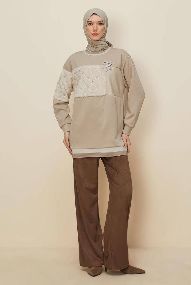 Hijab clothing BEIGE FAUX-FUR DETAILED TUNIC 46181 - ALVİNA