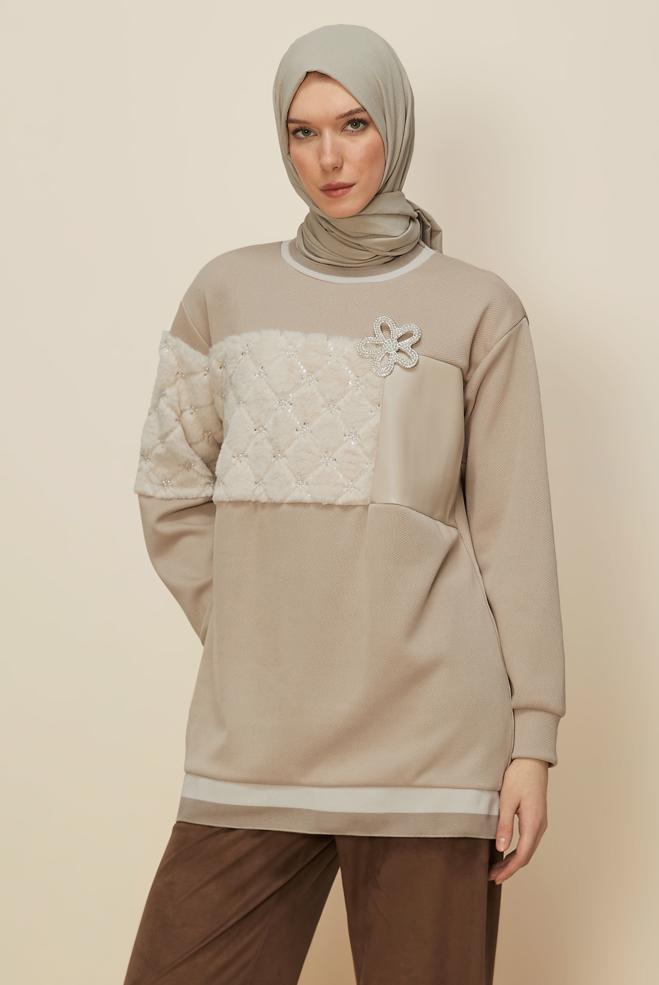 Hijab clothing BEIGE FAUX-FUR DETAILED TUNIC 46181 - ALVİNA