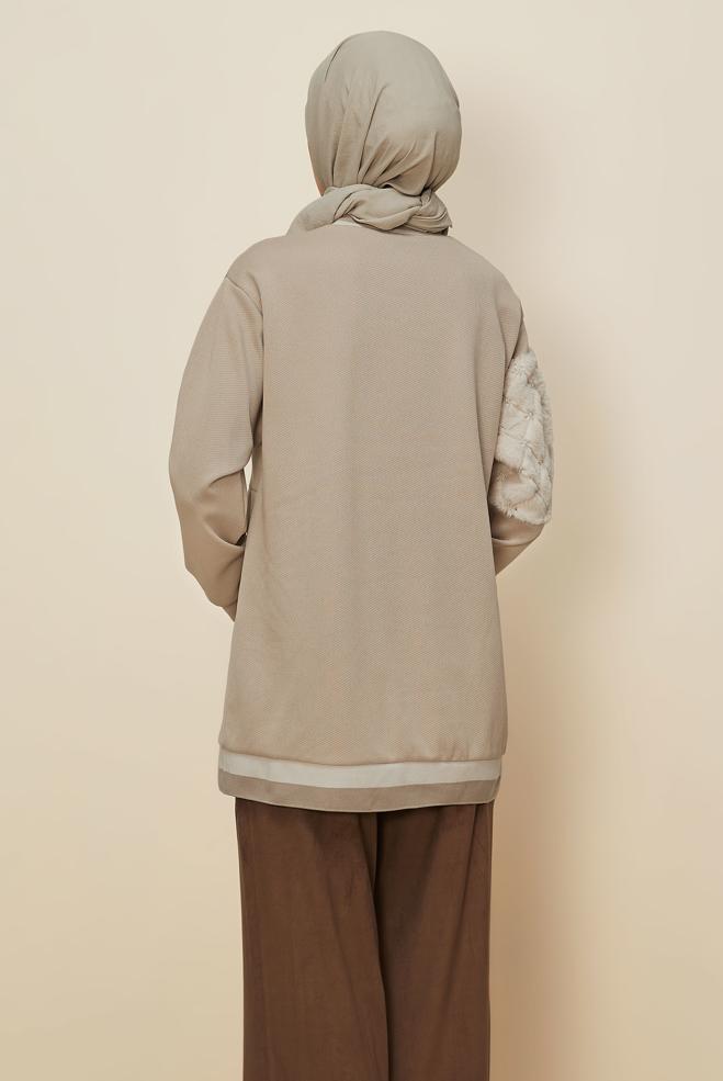 Hijab clothing BEIGE FAUX-FUR DETAILED TUNIC 46181 - ALVİNA