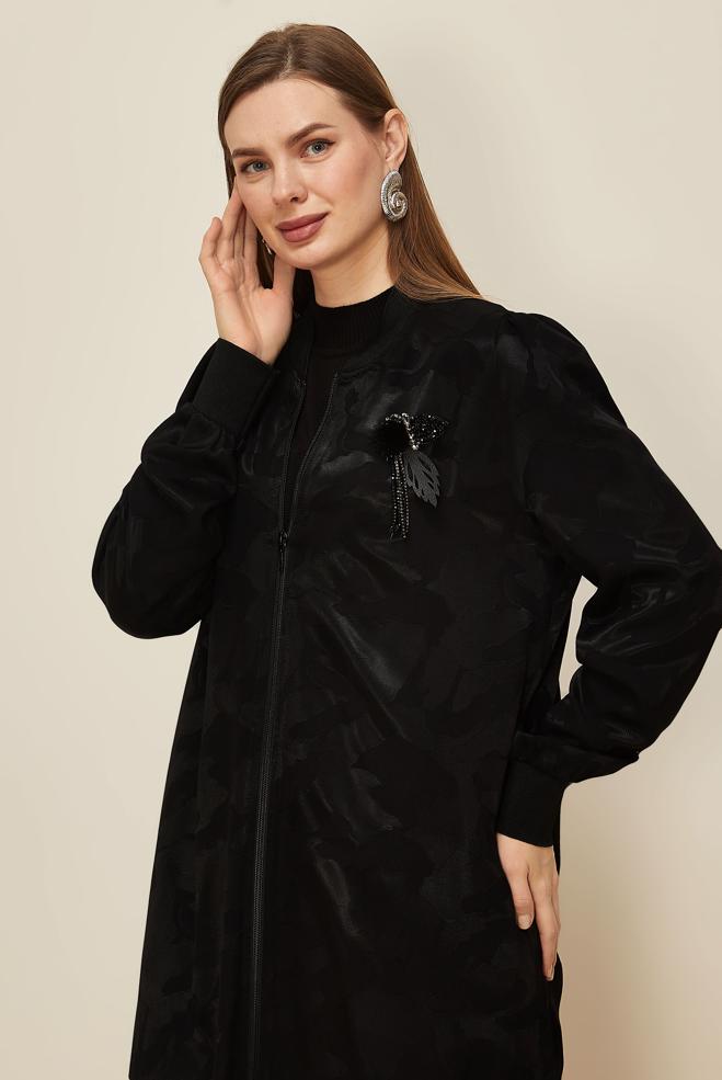 Vêtements hijab NOIR TUNIQUE ZIPPÉE EN SATIN JACQUARD 46184 - ALVİNA