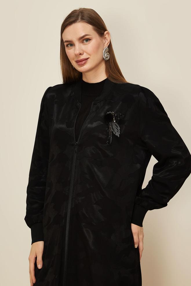 Vêtements hijab NOIR TUNIQUE ZIPPÉE EN SATIN JACQUARD 46184 - ALVİNA