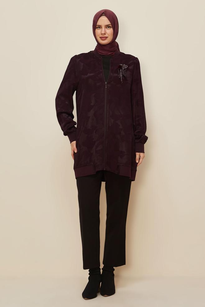 Vêtements hijab ROUGE BORDEAUX TUNIQUE ZIPPÉE EN SATIN JACQUARD 46184 - ALVİNA