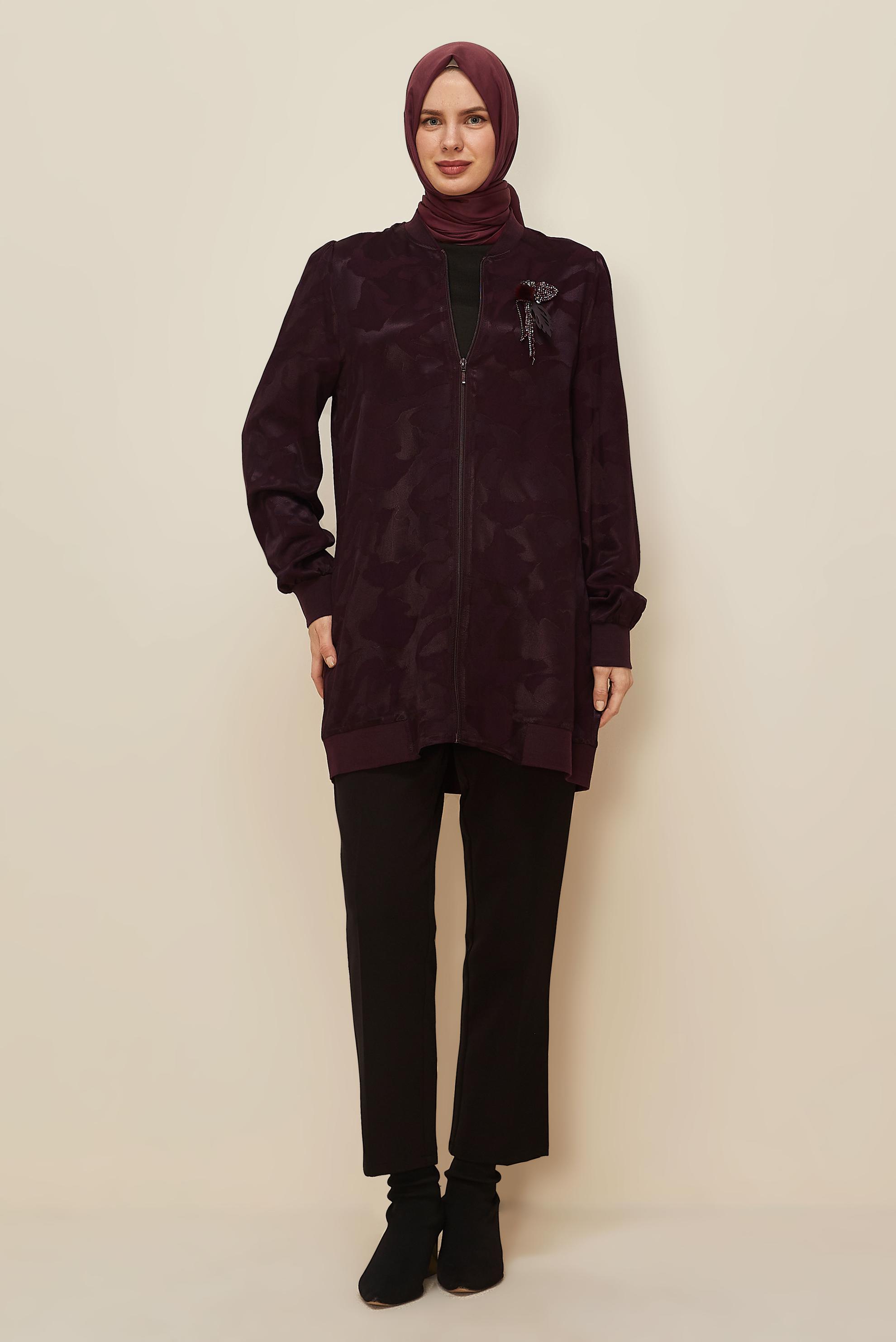 Vêtements hijab ROUGE BORDEAUX TUNIQUE ZIPPÉE EN SATIN JACQUARD 46184