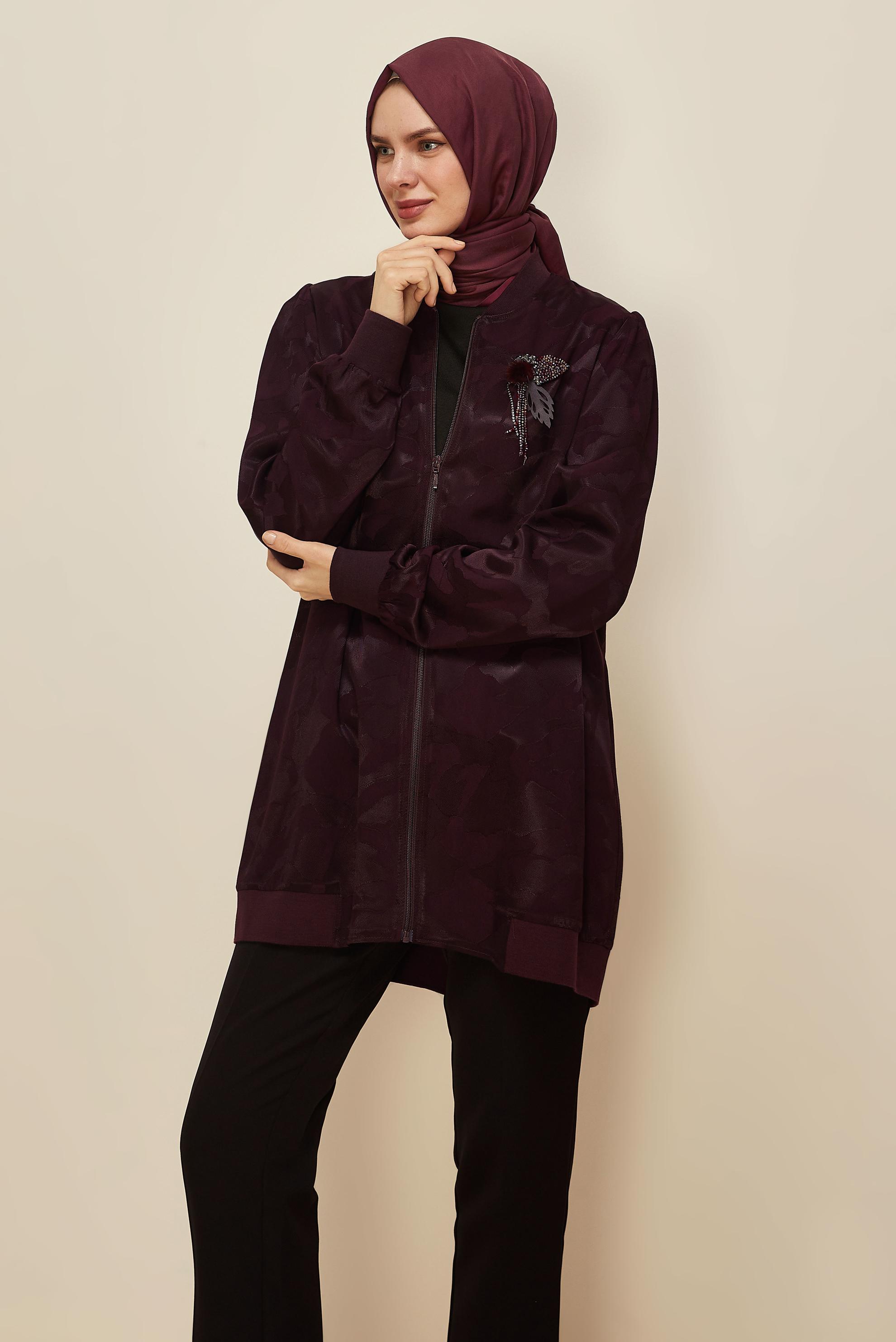 Vêtements hijab ROUGE BORDEAUX TUNIQUE ZIPPÉE EN SATIN JACQUARD 46184