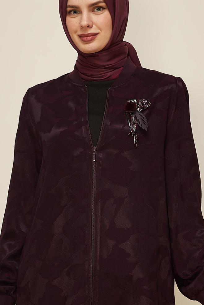 Vêtements hijab ROUGE BORDEAUX TUNIQUE ZIPPÉE EN SATIN JACQUARD 46184 - ALVİNA