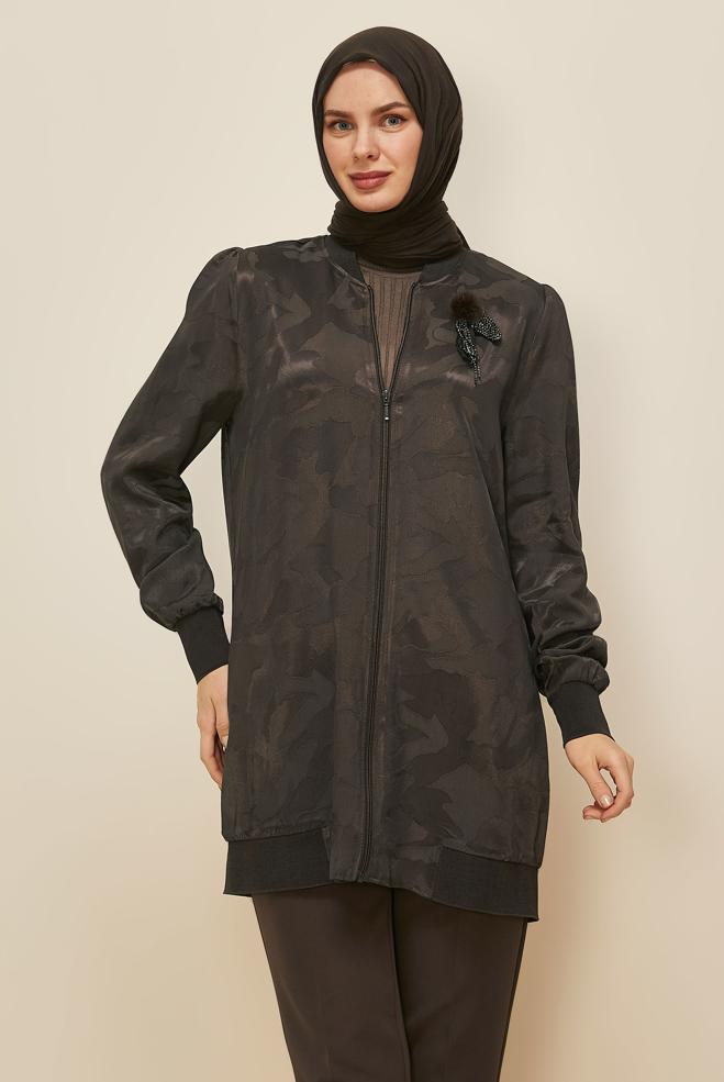 Vêtements hijab BRUN TUNIQUE ZIPPÉE EN SATIN JACQUARD 46184 - ALVİNA