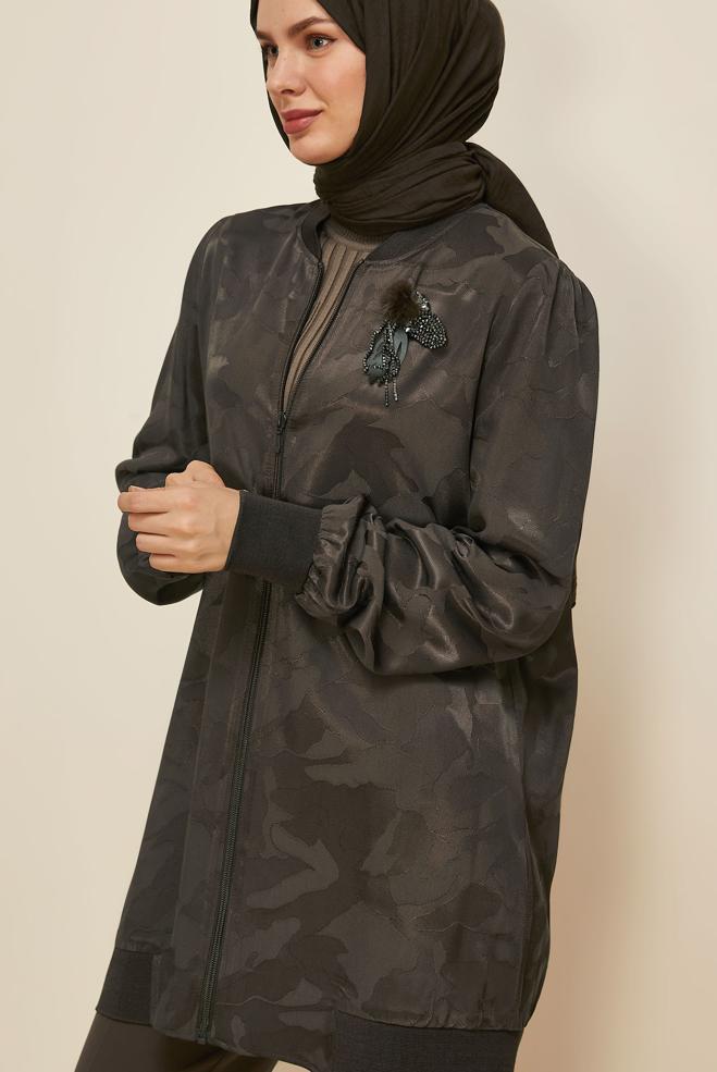 Vêtements hijab BRUN TUNIQUE ZIPPÉE EN SATIN JACQUARD 46184 - ALVİNA