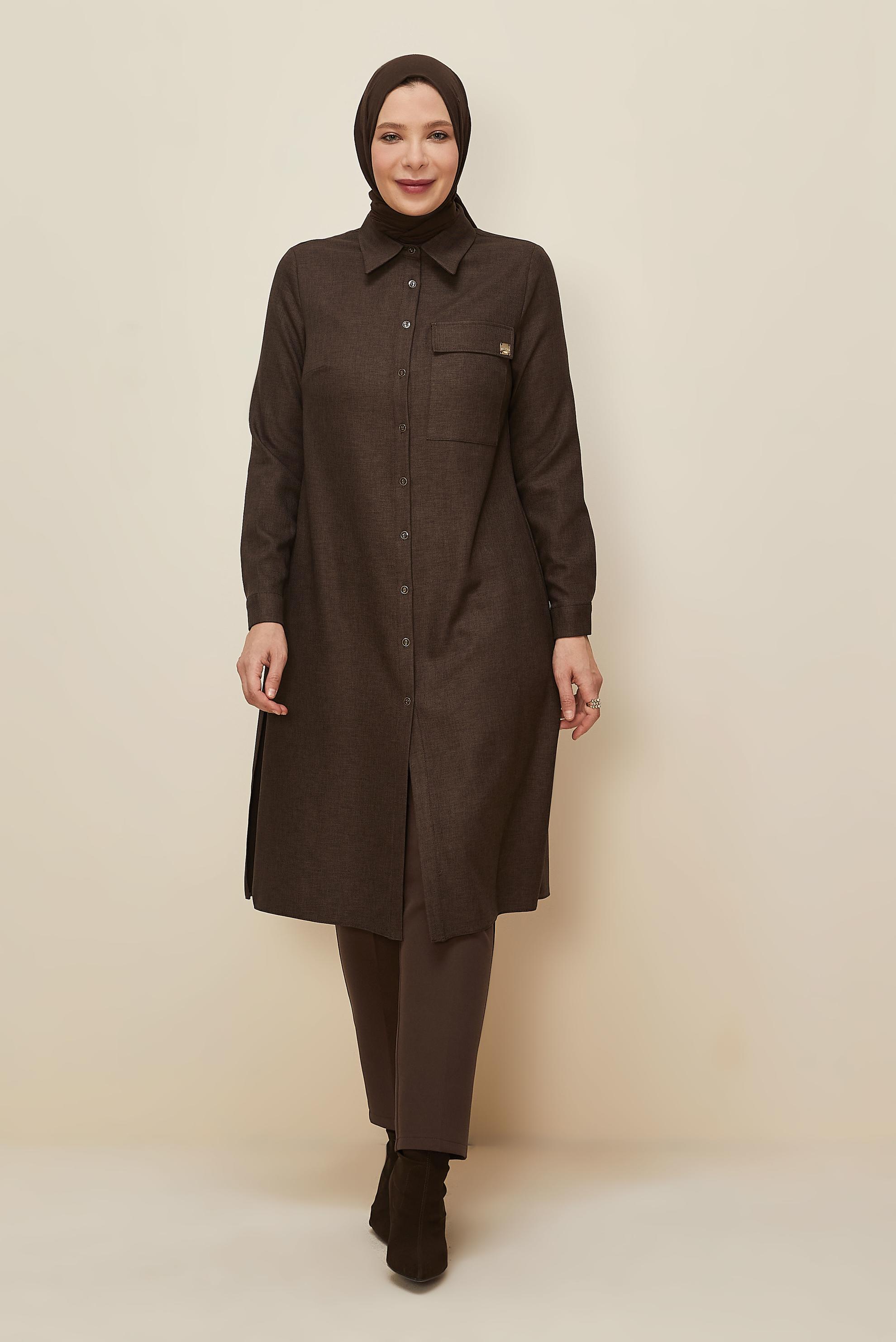 Tesettür giyim KAHVE GÖMLEK YAKA TUNİK 46190