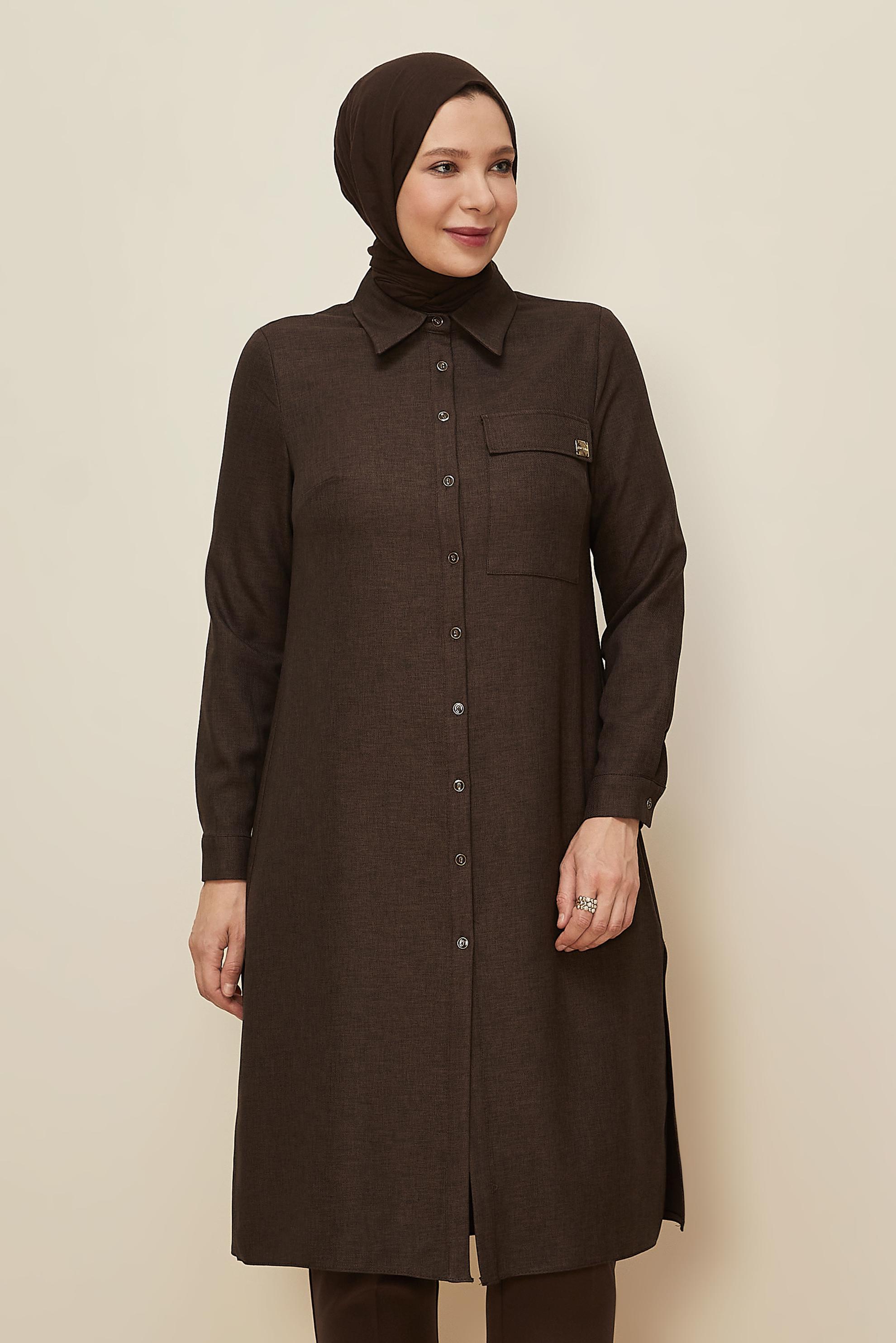 Tesettür giyim KAHVE GÖMLEK YAKA TUNİK 46190