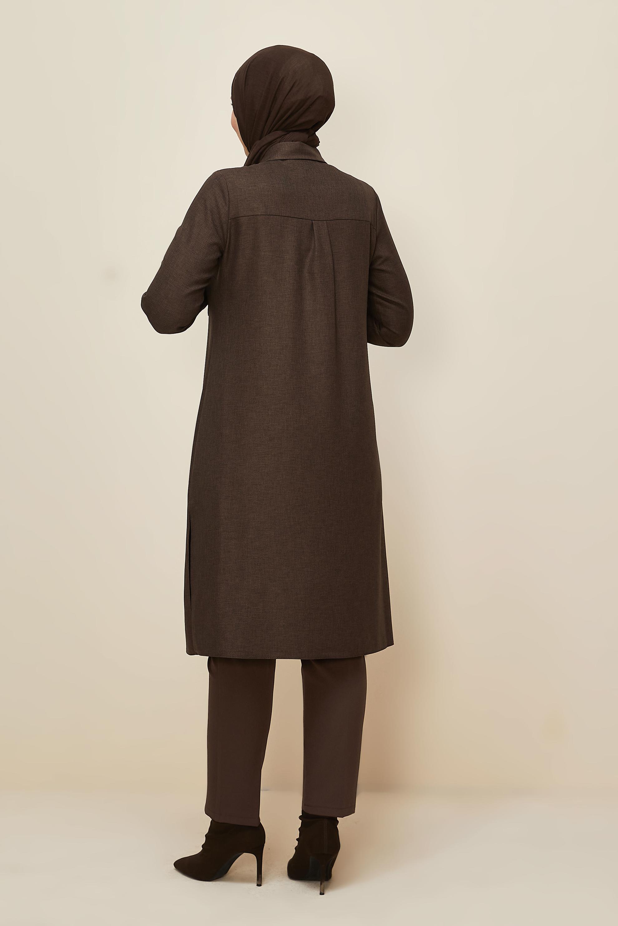 Tesettür giyim KAHVE GÖMLEK YAKA TUNİK 46190