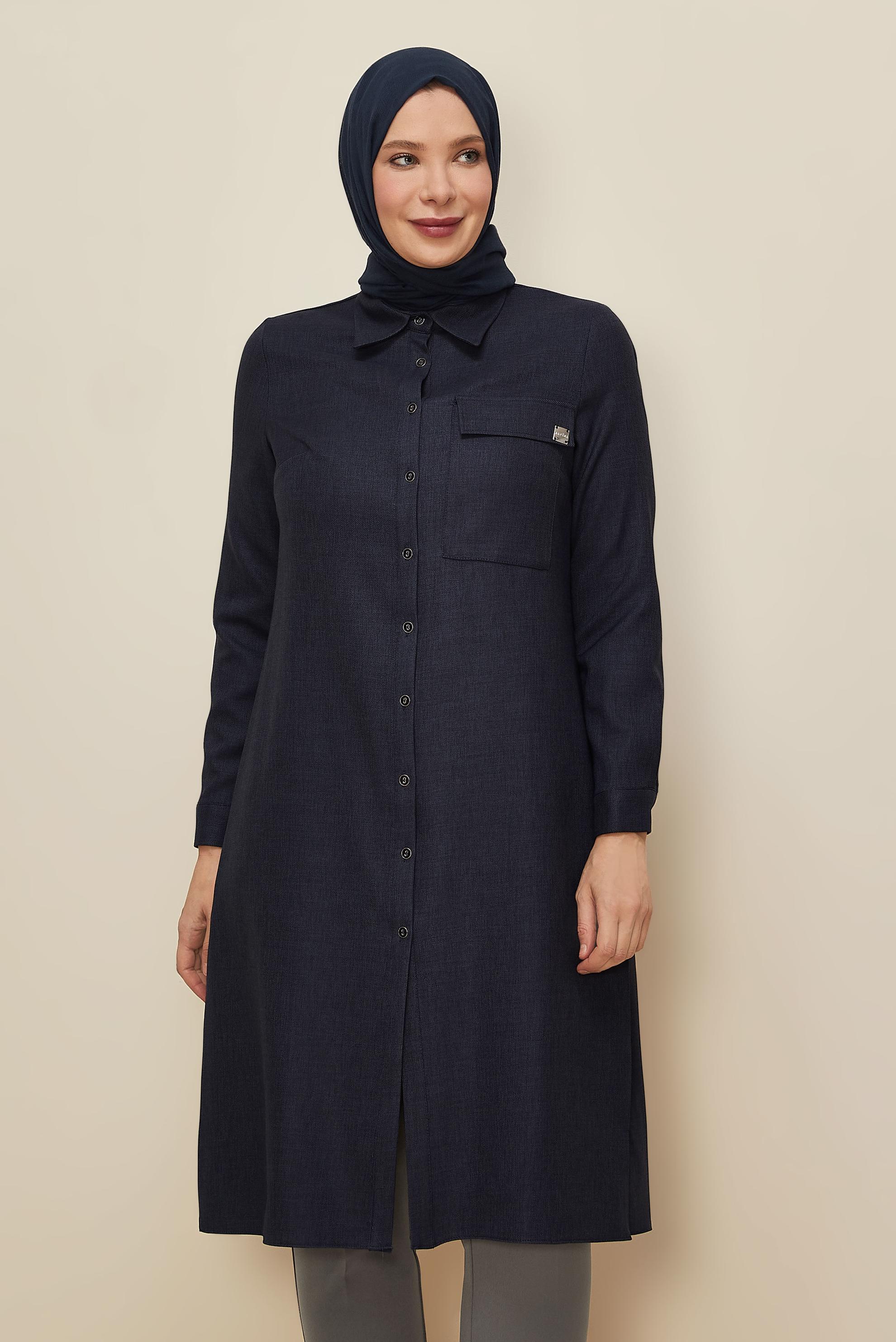 Tesettür giyim LACİVERT GÖMLEK YAKA TUNİK 46190