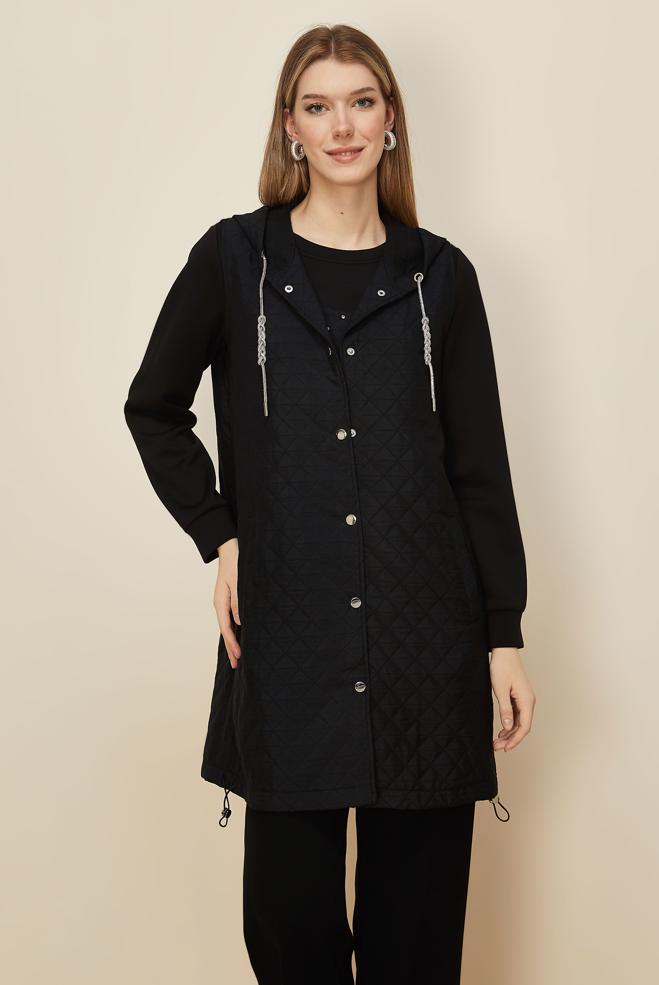 Tesettür giyim SİYAH KAPİTONE YELEKLİ TUNİK 46197 - ALVİNA