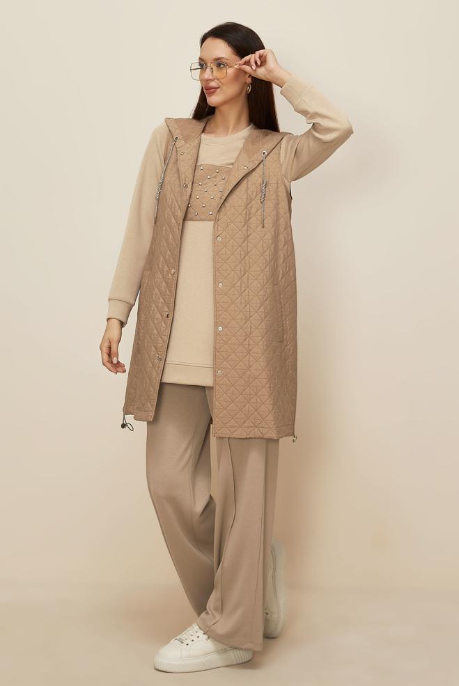 Tesettür giyim KAHVE KAPİTONE YELEKLİ TUNİK 46197 - ALVİNA