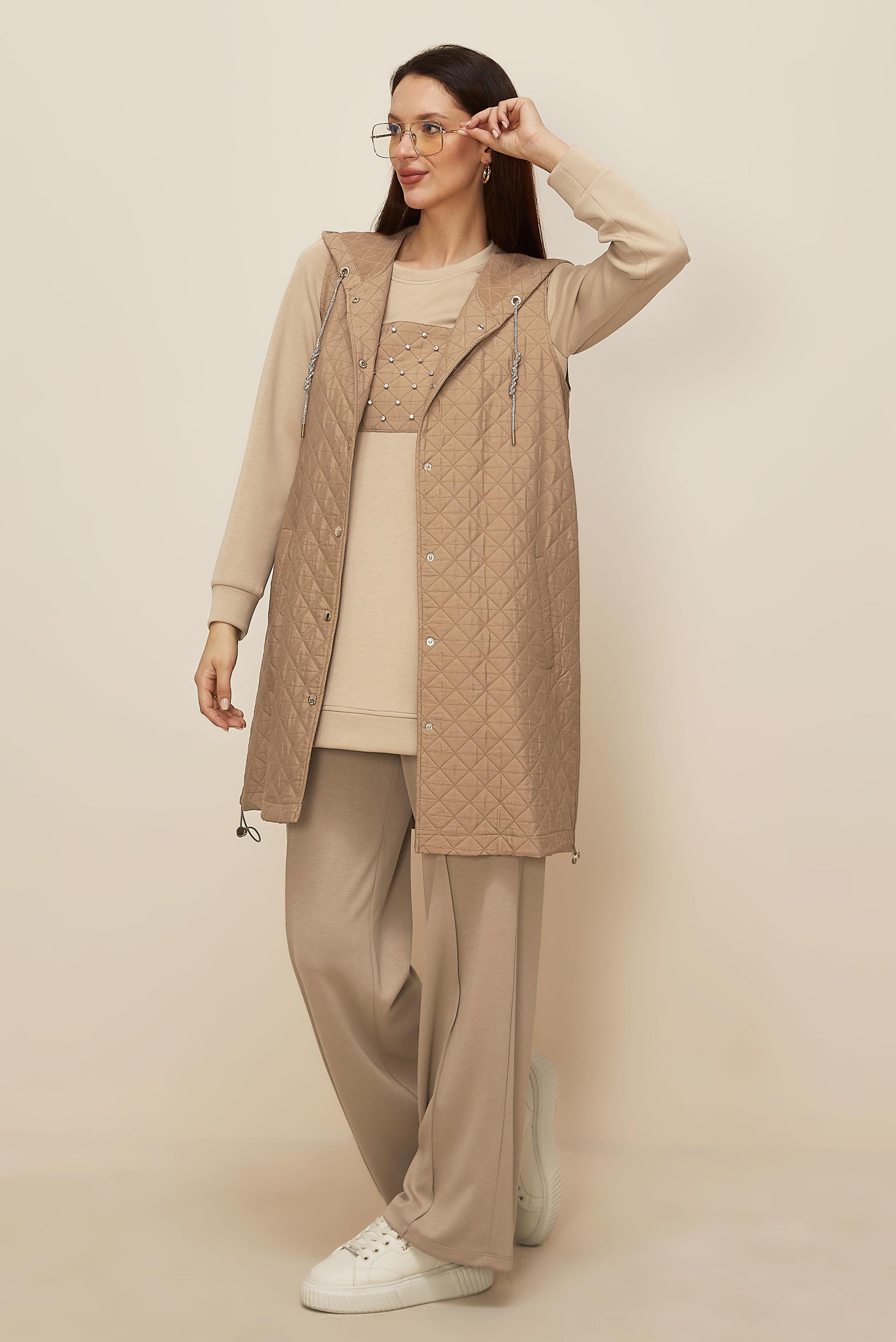 Tesettür giyim KAHVE KAPİTONE YELEKLİ TUNİK 46197