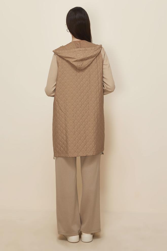 Tesettür giyim KAHVE KAPİTONE YELEKLİ TUNİK 46197 - ALVİNA