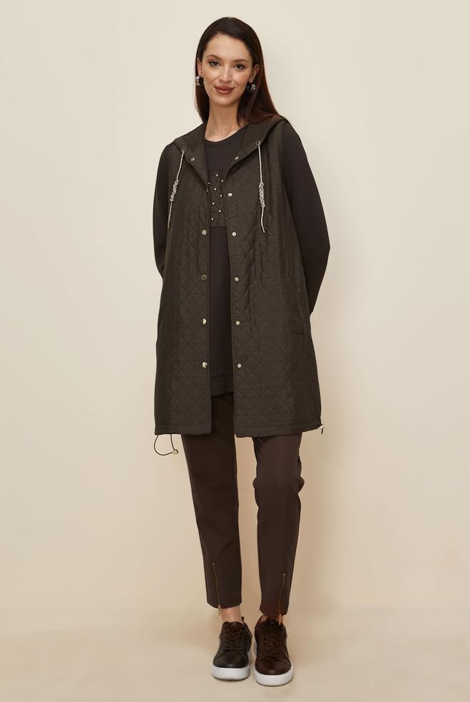 Tesettür giyim KAHVE KAPİTONE YELEKLİ TUNİK 46197 - ALVİNA