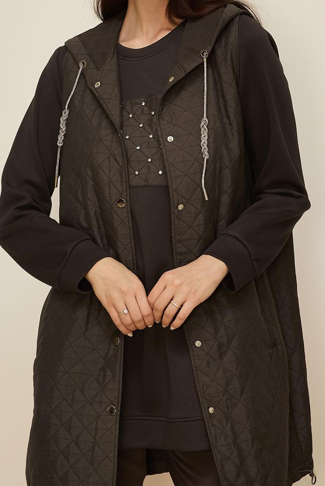 Tesettür giyim KAHVE KAPİTONE YELEKLİ TUNİK 46197 - ALVİNA