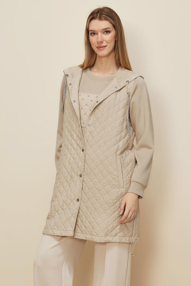 Tesettür giyim BEJ KAPİTONE YELEKLİ TUNİK 46197 - ALVİNA