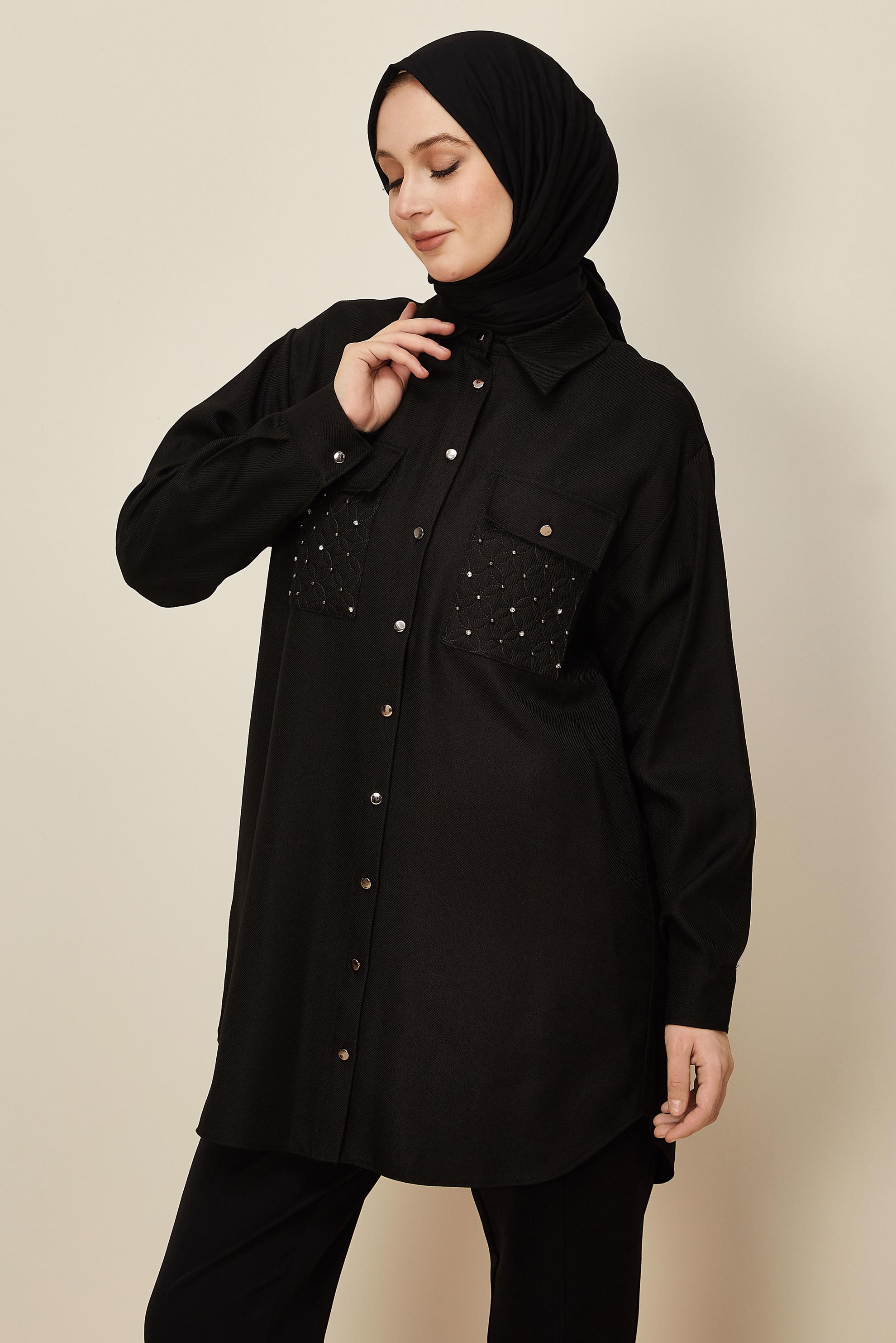 Tesettür giyim SİYAH GÖMLEK YAKA TUNİK 46200