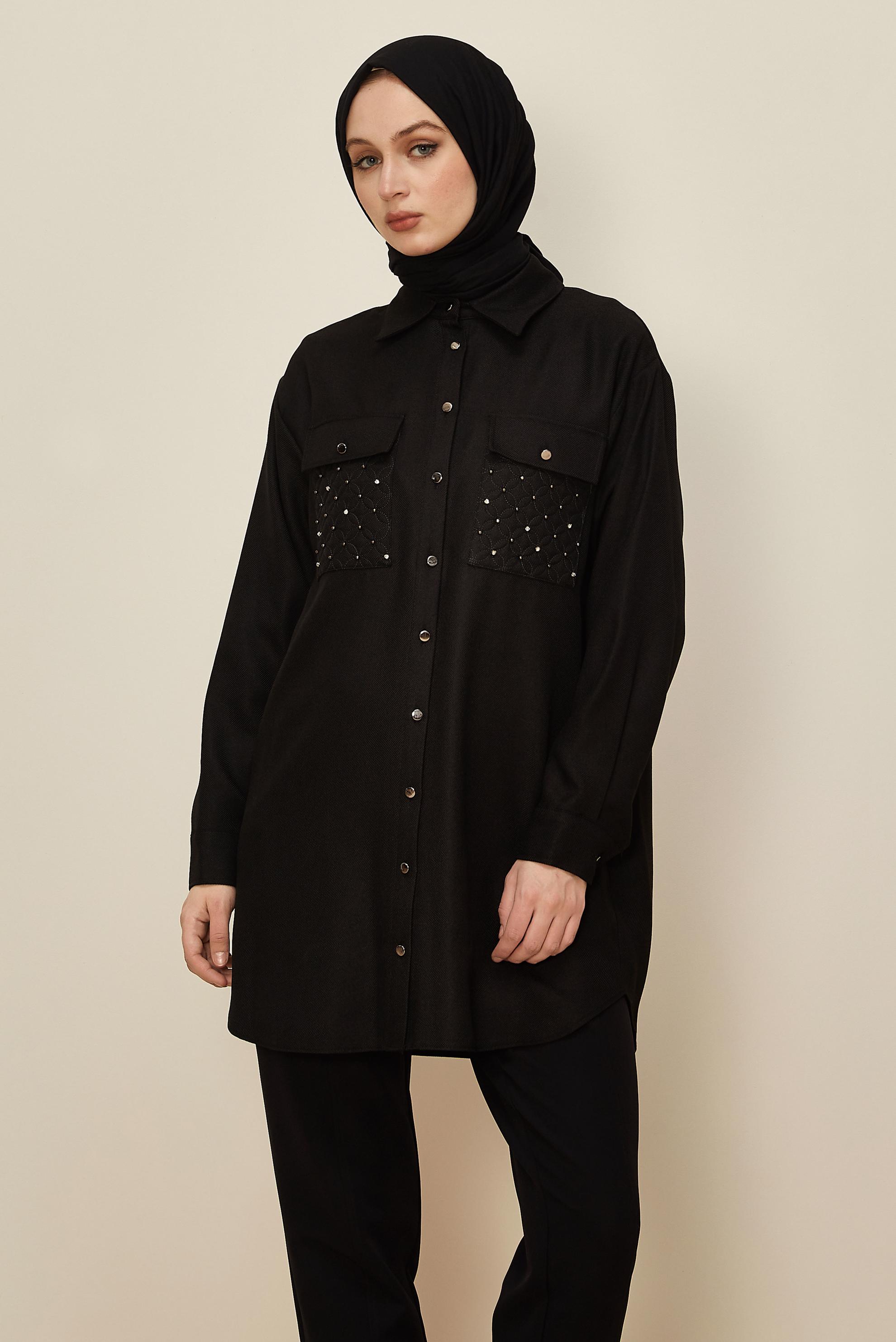 Tesettür giyim SİYAH GÖMLEK YAKA TUNİK 46200