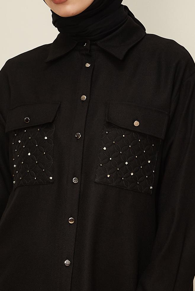 Tesettür giyim SİYAH GÖMLEK YAKA TUNİK 46200 - ALVİNA