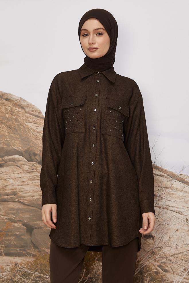 Tesettür giyim KAHVE CEP DETAYLI TUNİK 46200 - ALVİNA