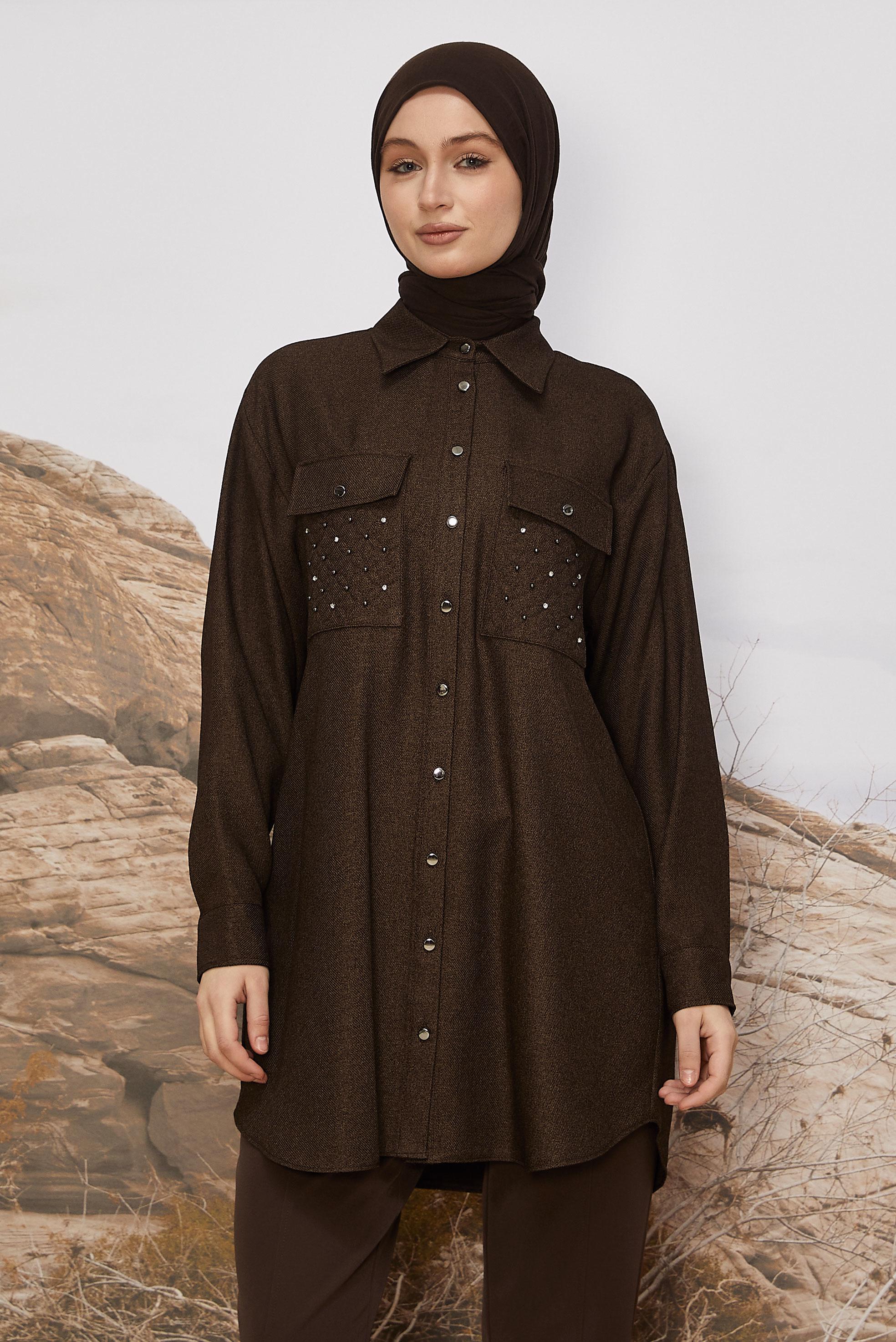 Tesettür giyim KAHVE CEP DETAYLI TUNİK 46200