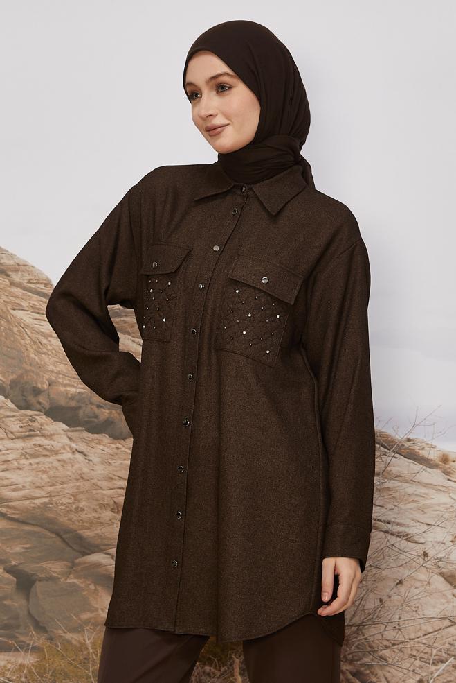 Tesettür giyim KAHVE CEP DETAYLI TUNİK 46200 - ALVİNA