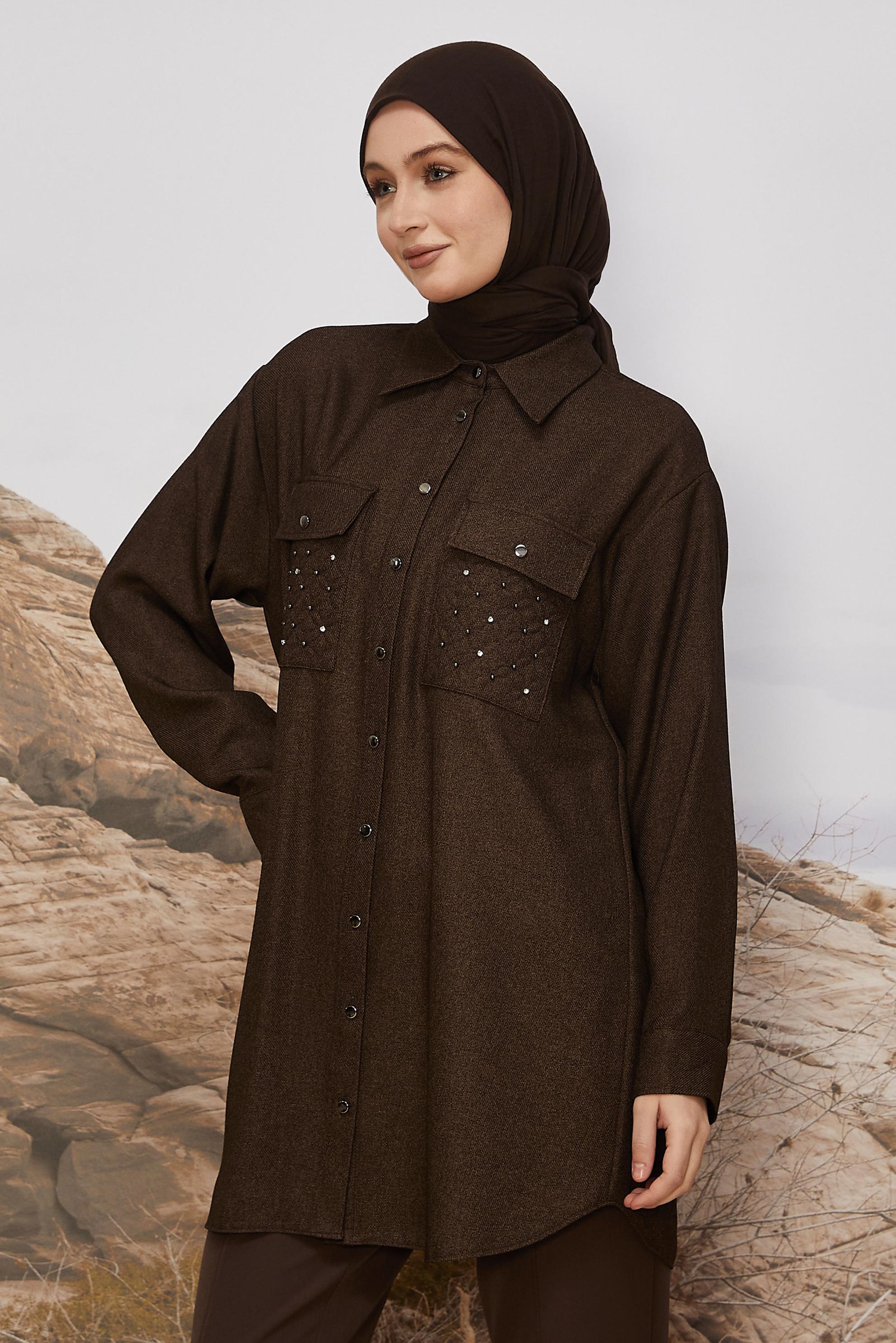 Tesettür giyim KAHVE CEP DETAYLI TUNİK 46200