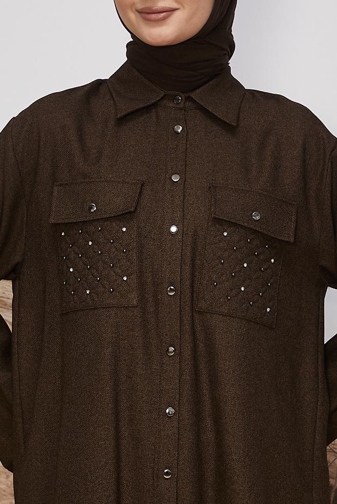 Tesettür giyim KAHVE CEP DETAYLI TUNİK 46200 - ALVİNA