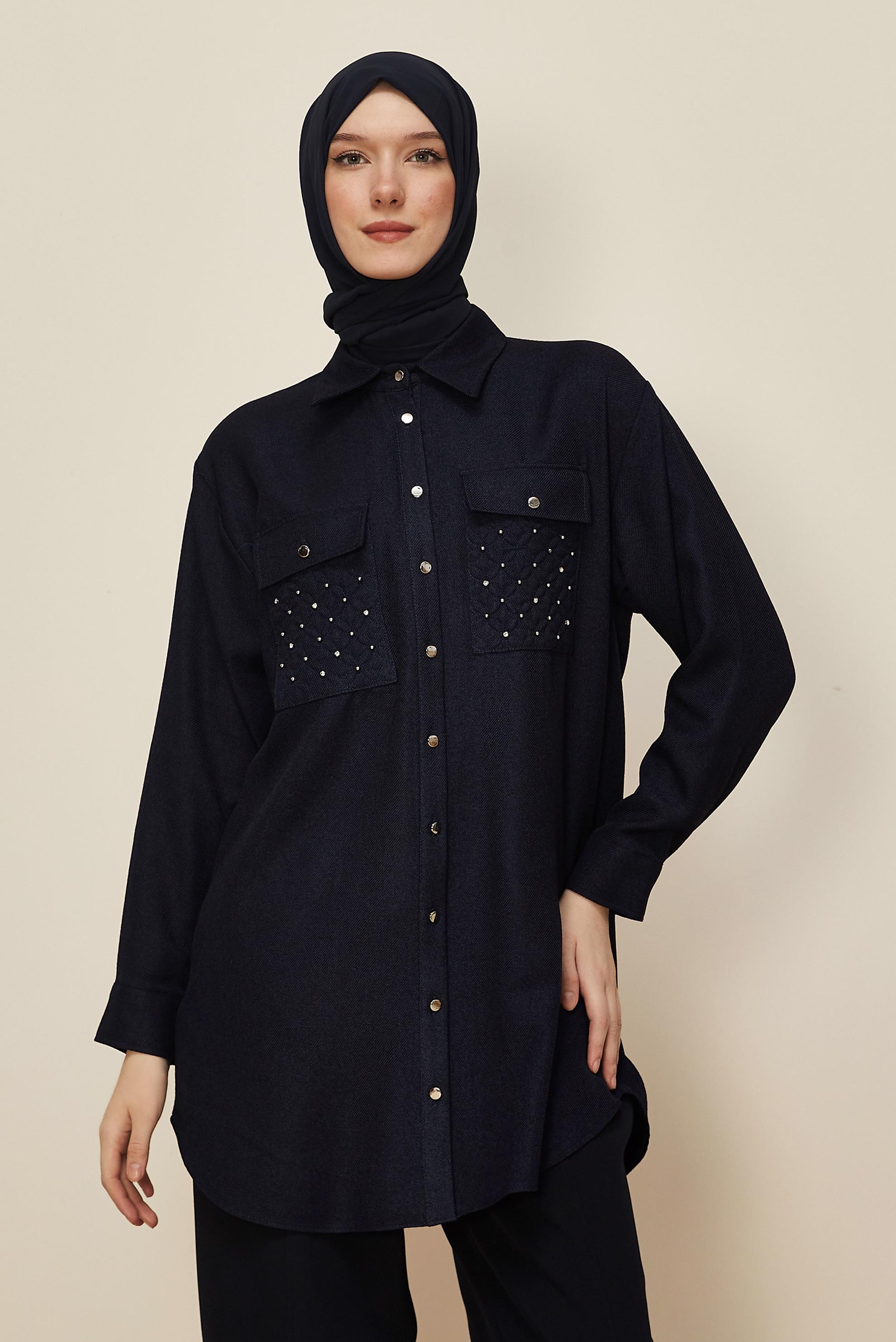 Tesettür giyim LACİVERT GÖMLEK YAKA TUNİK 46200