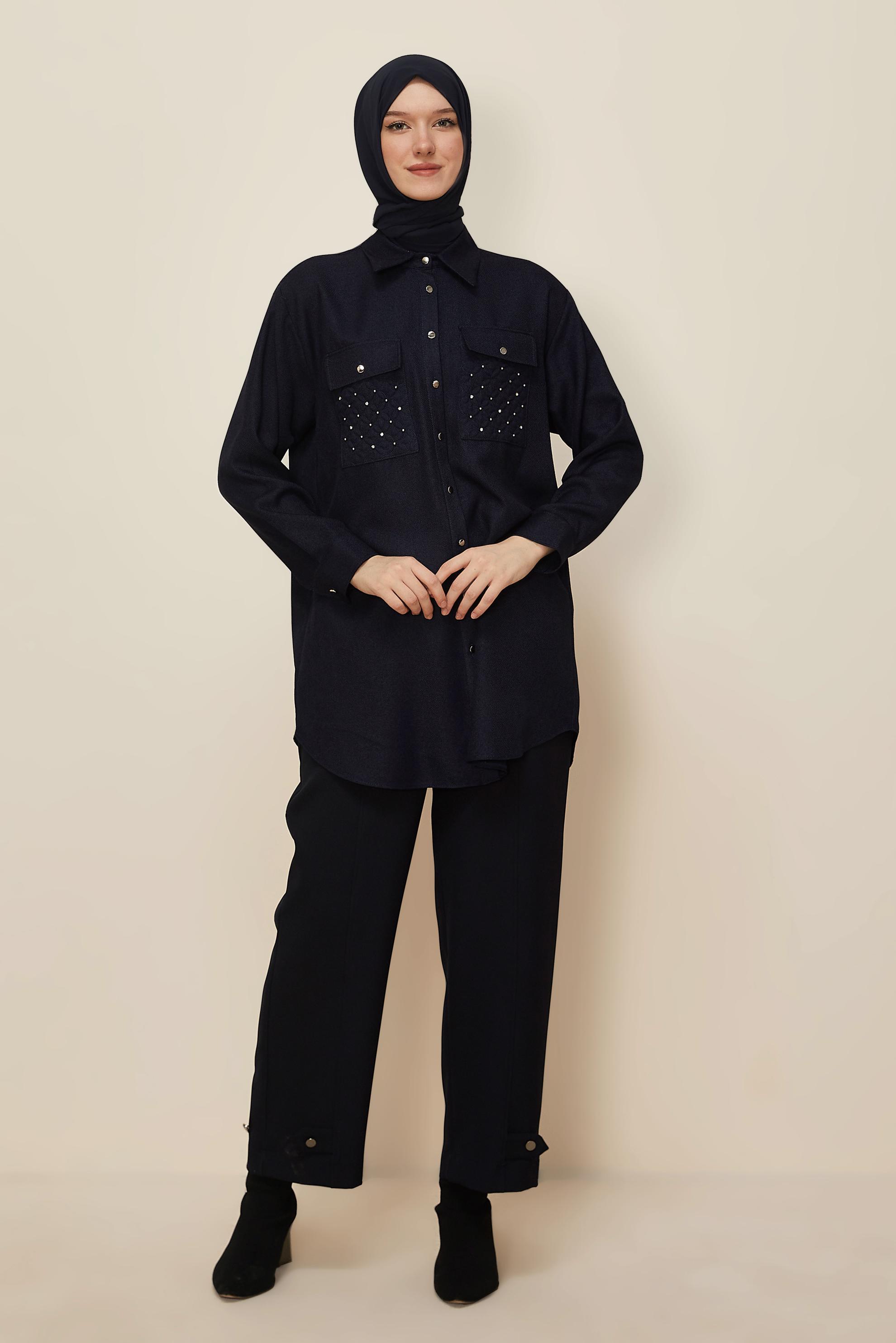Tesettür giyim LACİVERT GÖMLEK YAKA TUNİK 46200