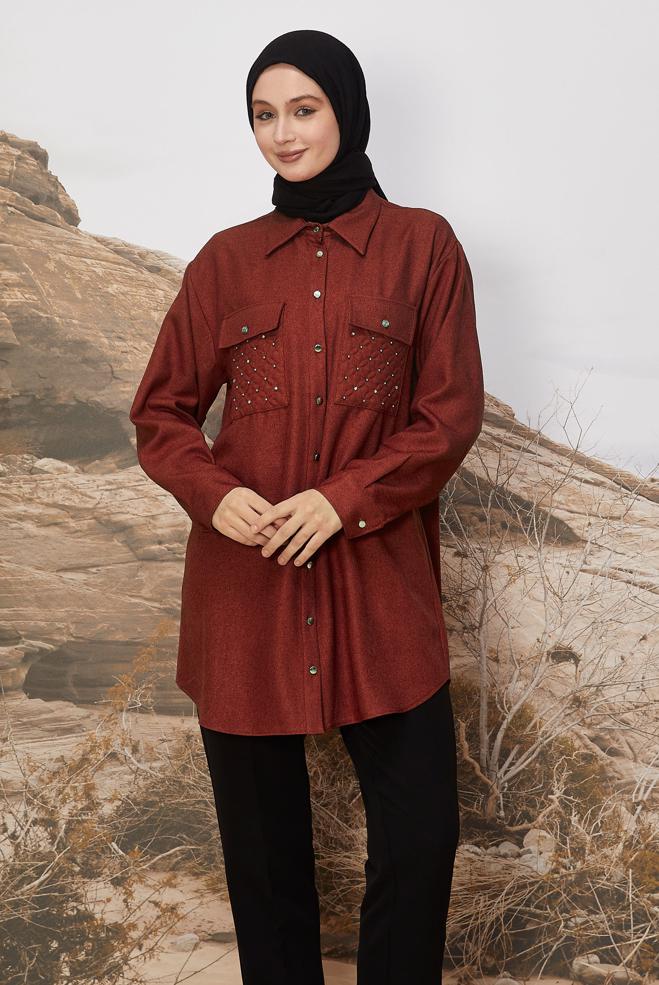 Tesettür giyim BORDO GÖMLEK YAKA TUNİK 46200 - ALVİNA